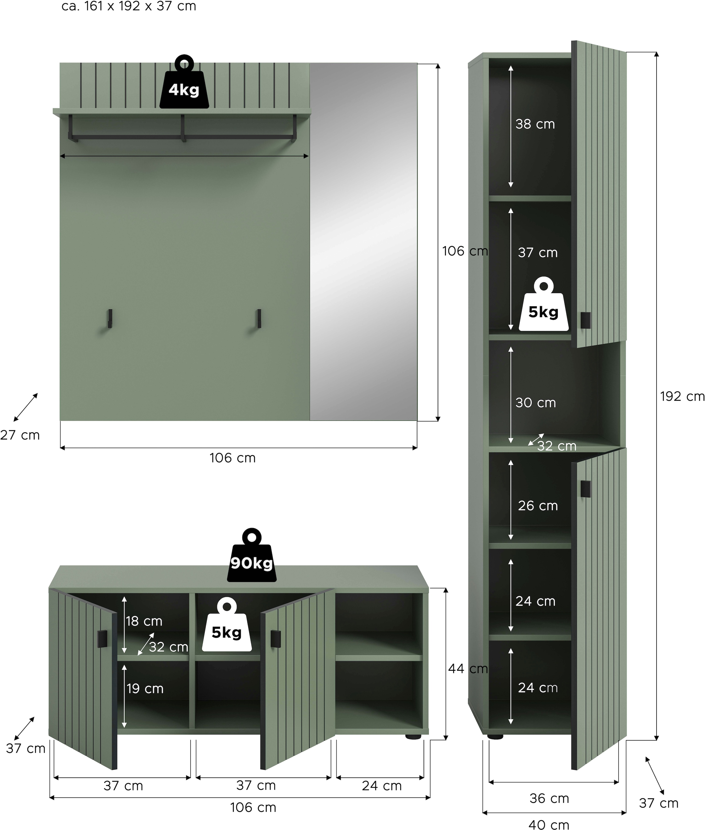 INOSIGN Garderoben-Set »TATIO, 3-tlg. Garderobenkombination, Breite: 161 cm, Rillenfräsung« Set, Set, best. aus: 1 Garderobenschrank, 1 Sitzbank, 1 Spiegel, 3 Stk. tlg.