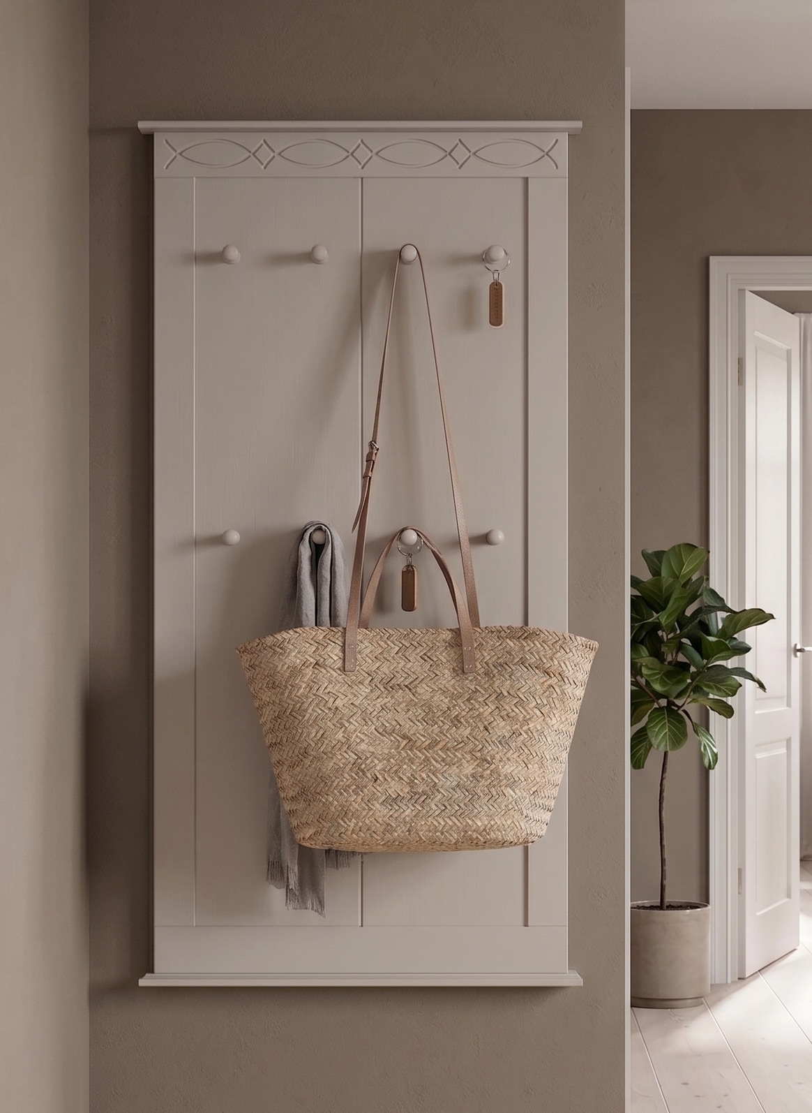OTTO home Garderobenpaneel "Indra" B/T/H: 63/6/100 cm, aus massiver Kiefer, FSC, 8 Haken, dezentes Ornament
