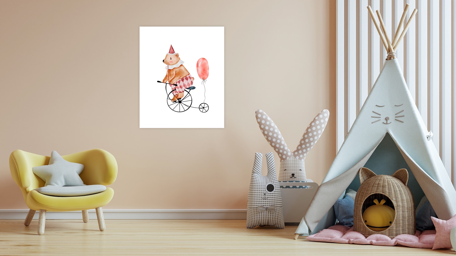Lüttenhütt Bild mit Rahmen "oder Poster, Bär mit Luftballon" Bär Fahrräder Fantasy Karneval Luftballon Tiere 1 Stk. tlg. HD Premium Druck