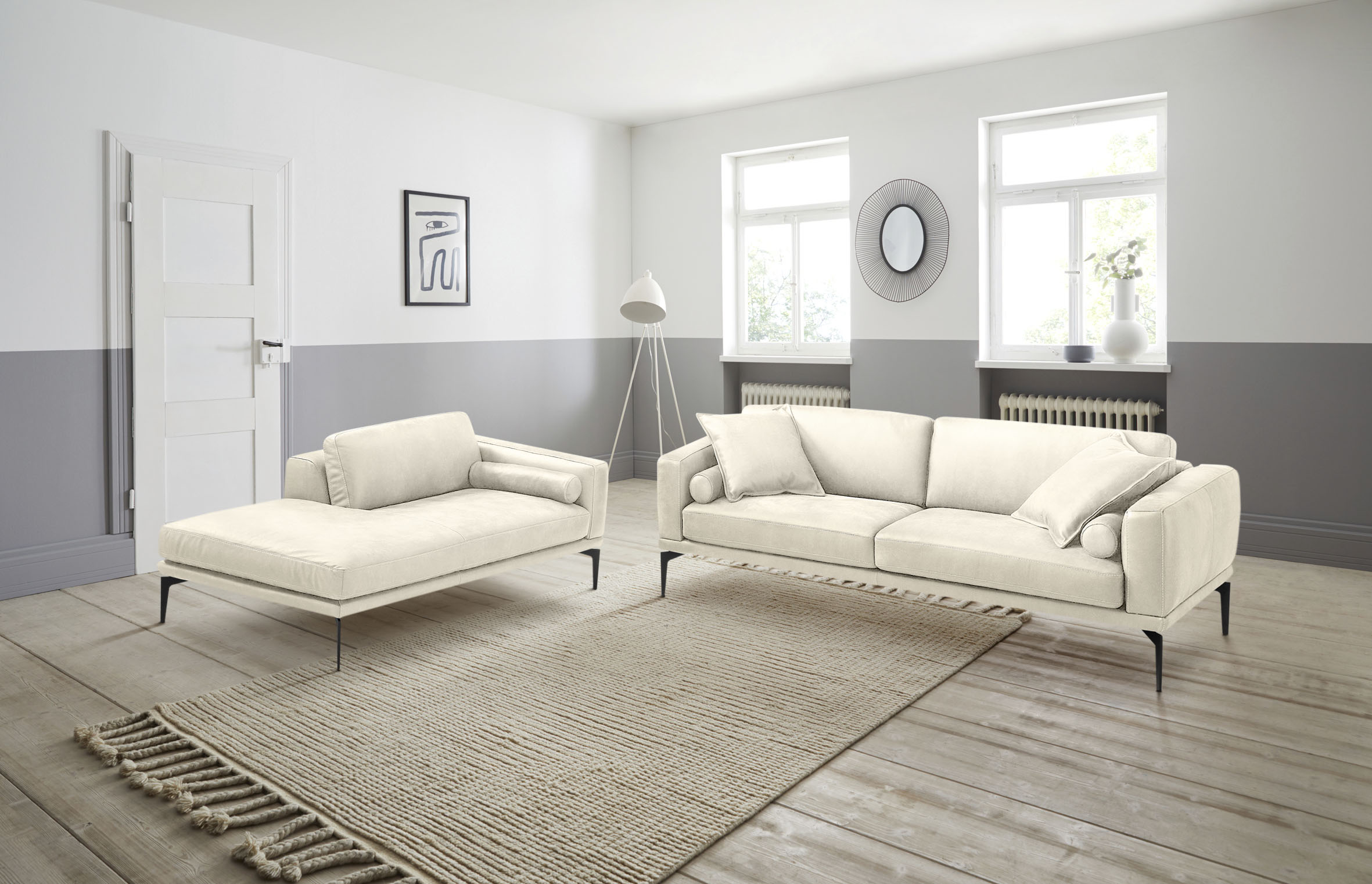 Egoitaliano Polstergarnitur "Masu, Design trifft sensationellen Sitzkomfort" Set besteht aus 2,5-Sitzer, freistehende Ottomane und 3 Rollkissen