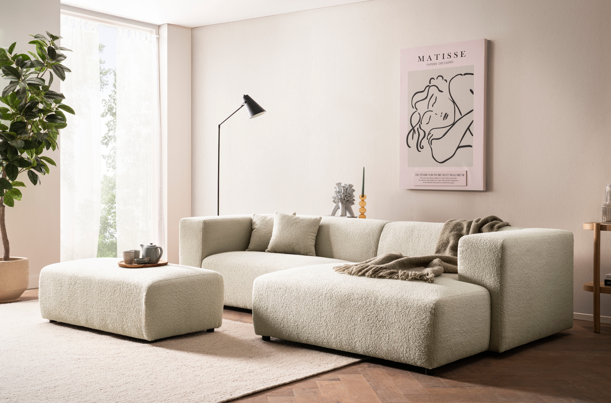 andas Ecksofa »BAKELS, L-Form in Cord oder Boucle-Stoff, moderne Couch«, wahlweise Recamiere rechts/links, bequemer Sitzkomfort