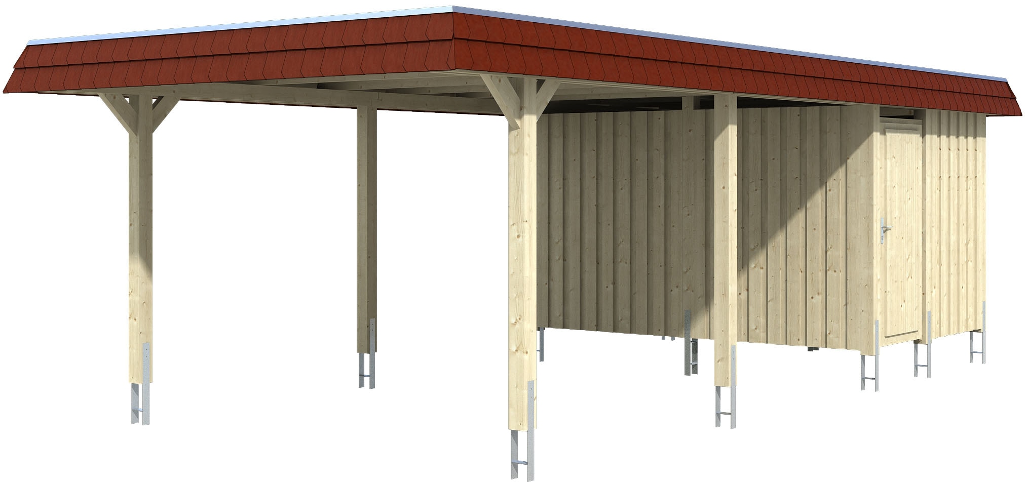 Skanholz Einzelcarport "Wendland" Massivholz 341 cm Eiche hell mit Abstellraum mit EPDM-Dach, rote Blende