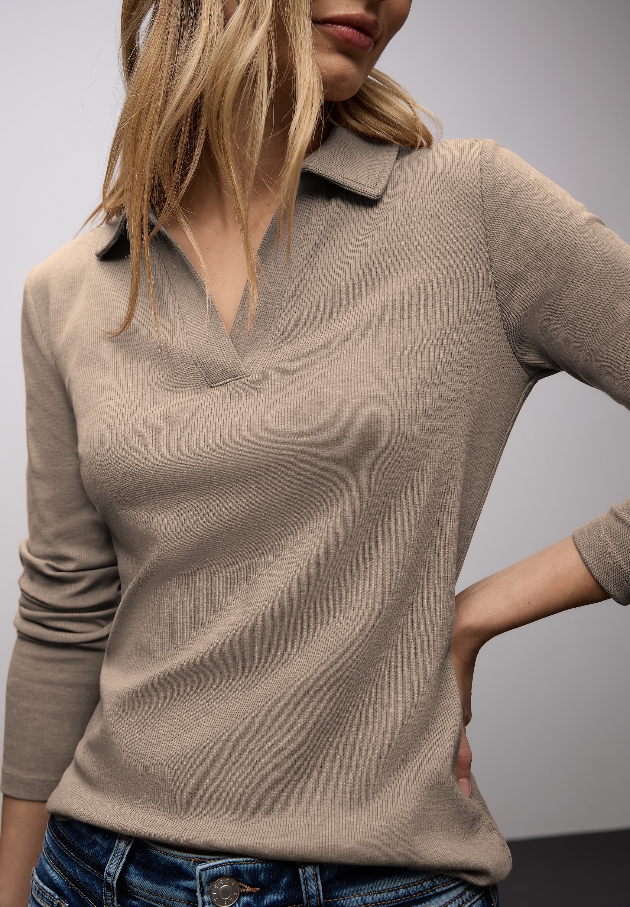 STREET ONE Langarm-Poloshirt in Melange-Optik und mit Ripp-Struktur günstig online kaufen