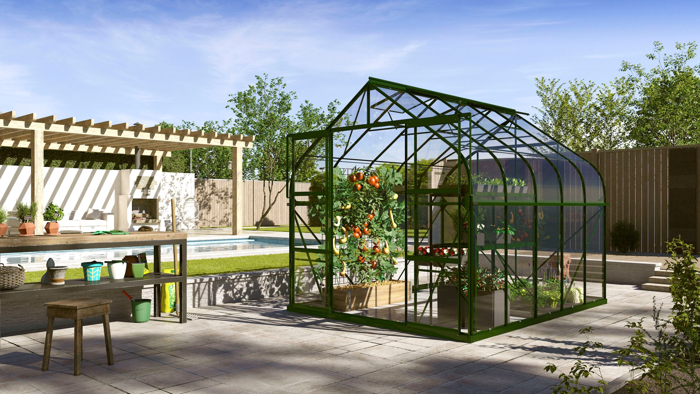 Gewächshaus VITAVIA, B:264cm H:261cm T:321cm, grün, Garten, Gewächshäuser, "Dione 8300 smaragd", inkl. Fundamentrahmen, Dachlüfter und