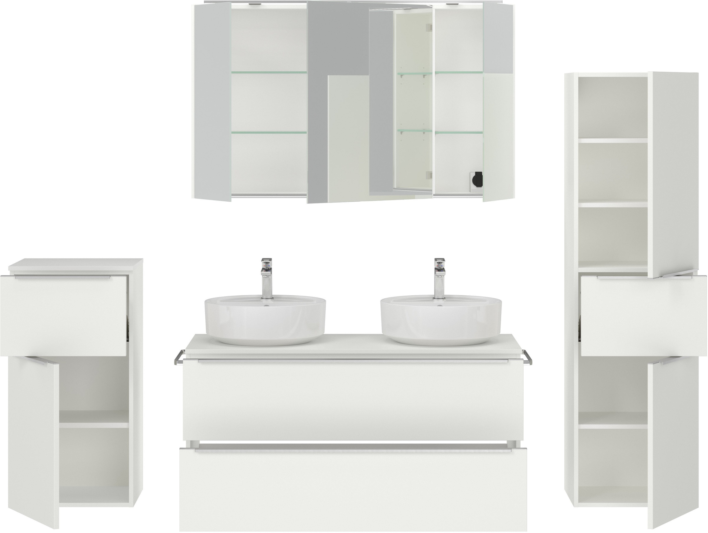 nobilia® Badmöbel-Set »Alvene«, (4 St., vormontiert, mit Soft-Close), inkl. Spiegelschrank mit Beleuchtung und Dimmerfunktion, in 4 Breiten