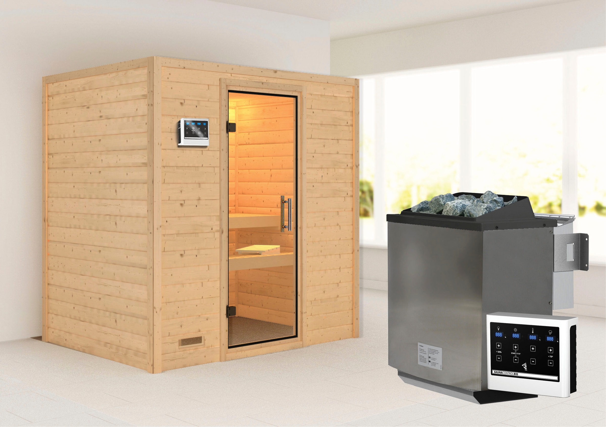 Karibu Sauna ""Sonja" mit Klarglastür Ofen 9 kW Bio externe Strg modern"