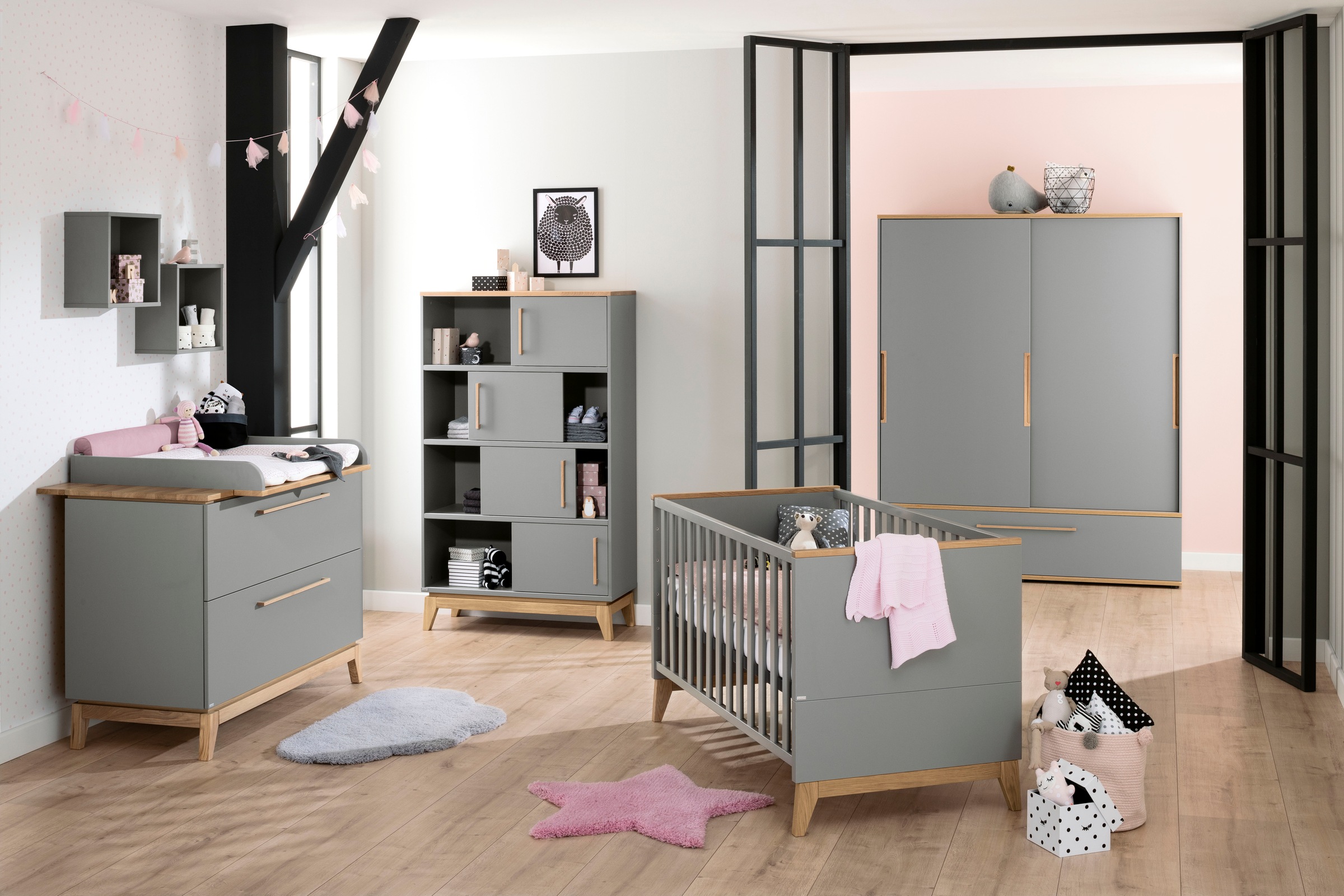 PAIDI Standregal »STIENE in Beige oder Grau, 8 Fächer, 4 Schiebetüren mit Soft-Close« B/H/T ca. 95/161/40cm,  modernes und langlebiges Regal mit Massivholz, Highboard