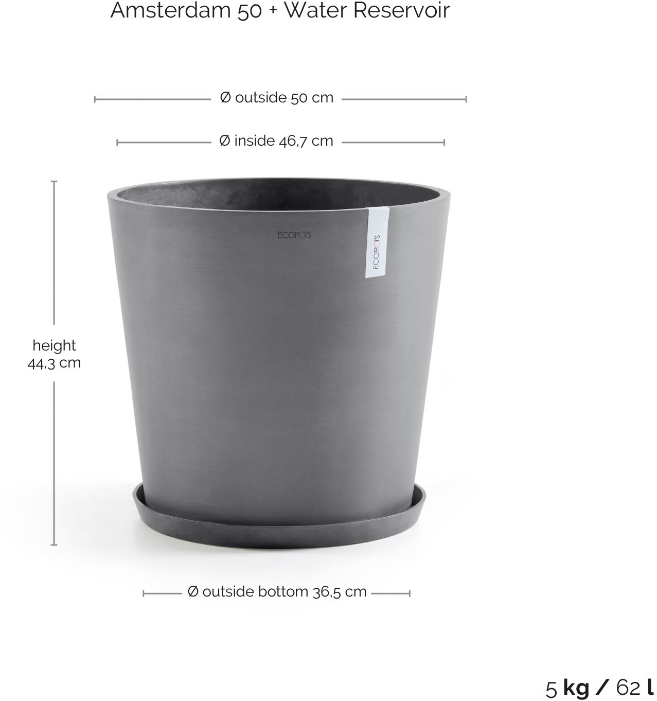 ECOPOTS Blumentopf »AMSTERDAM Grey« BxTxH: 50x50x43,8 cm, mit Wasserreservoir