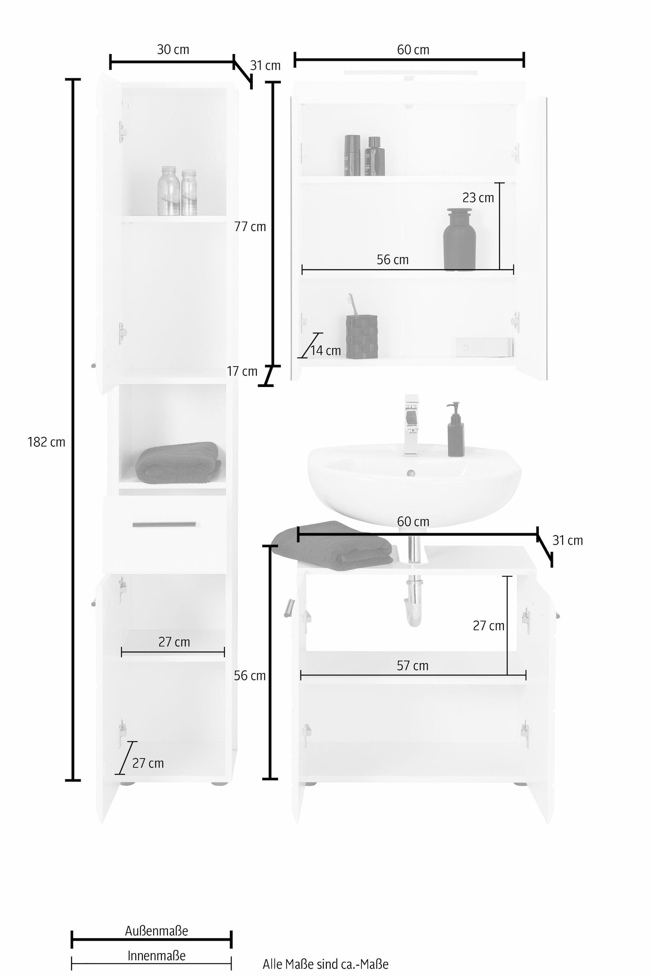 INOSIGN Badmöbel-Set »Sovana«, (Set, 3 St.), Badezimmermöbel - Spiegel mit Beleuchtung, Hochschrank und Waschtisch