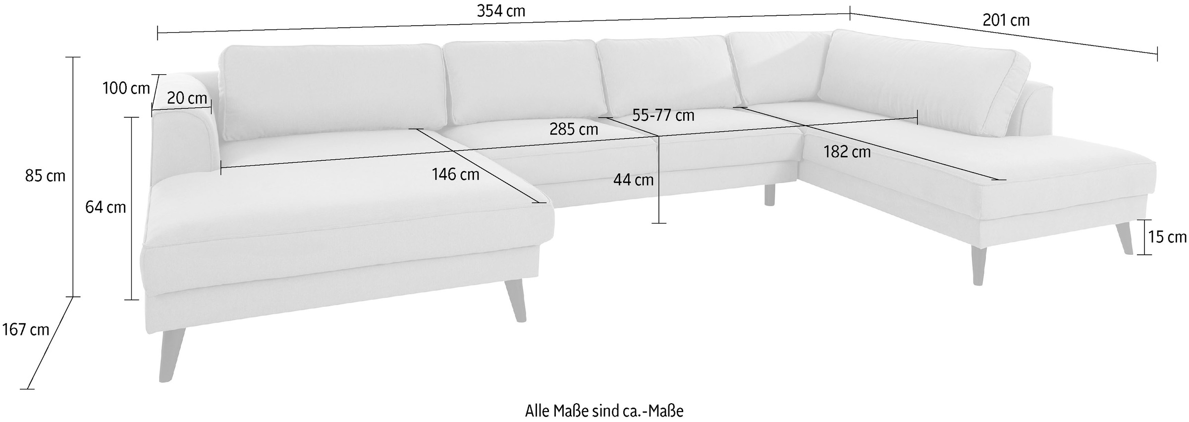 Home affaire Wohnlandschaft »Lumber Jack, viel Platz, bequem, Breite 354cm, hoher Fuß, U-Form« in moderner Optik