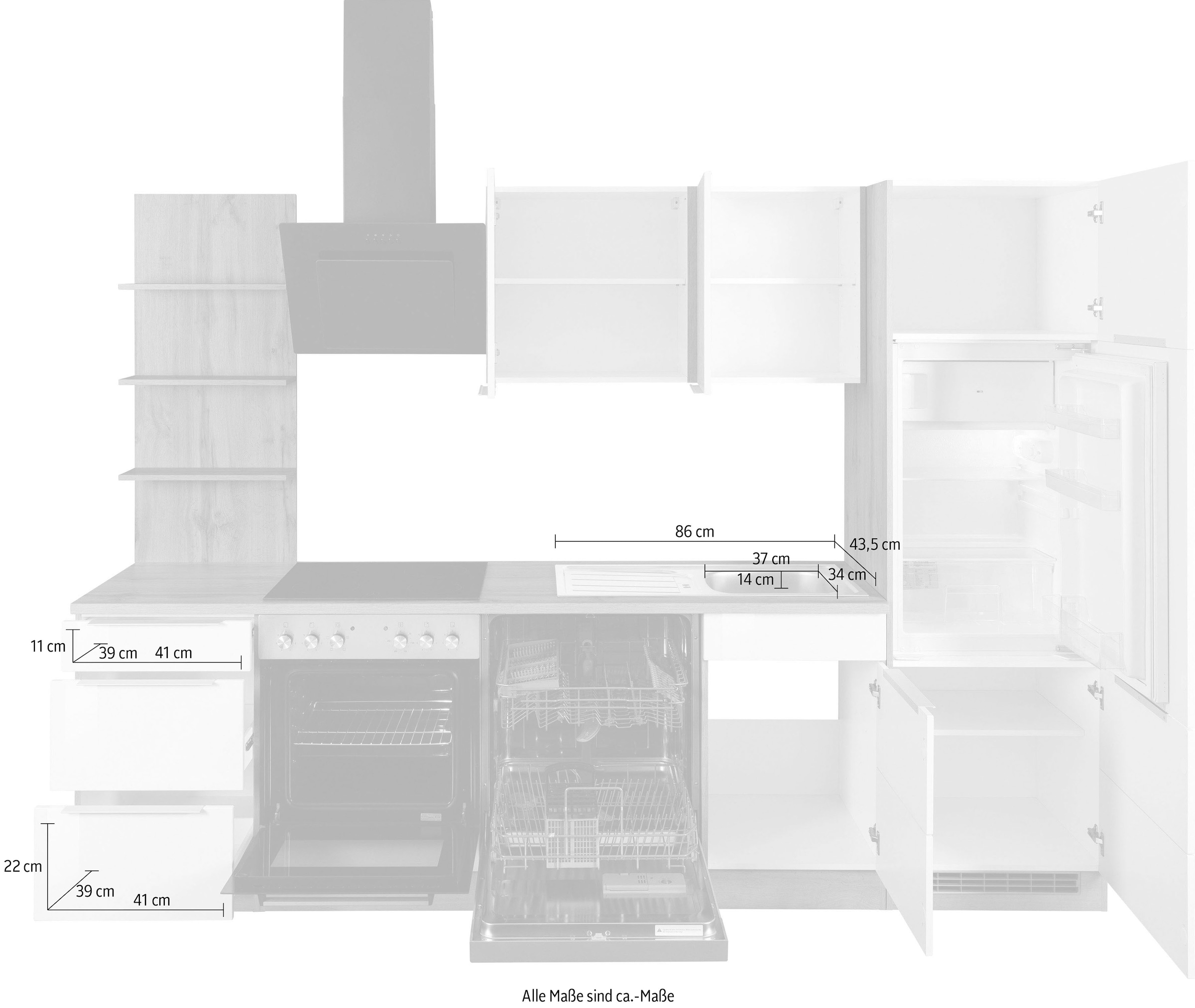 KOCHSTATION Küchenzeile »KS-Brindisi«, Breite 280 cm, wahlweise mit E-Geräten, mit MDF-Fronten und Regal