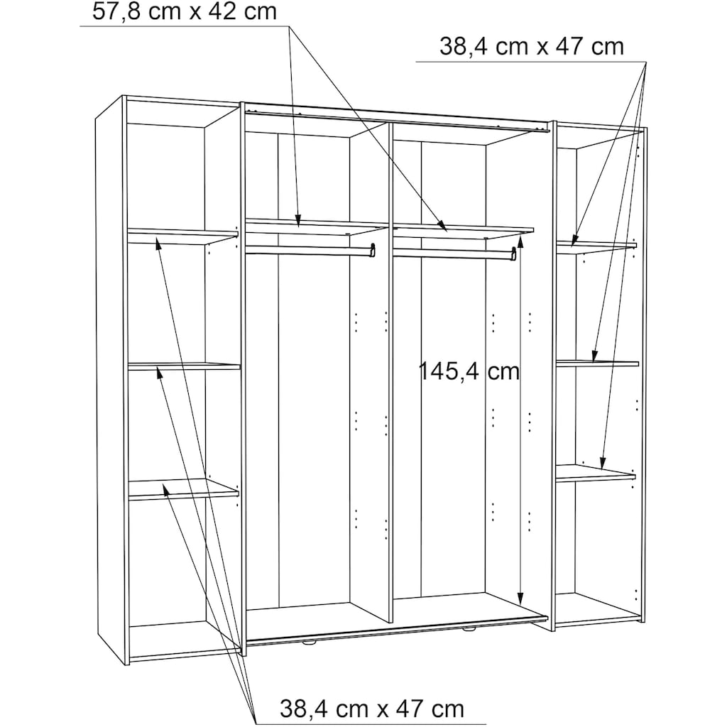 FORTE Kleiderschrank »Kalixtus, Made in Europe, 2 Schiebetüren, 2 Drehtüren«, Kombination aus Dreh- und Schwebetüren, 8 Einlegeböden