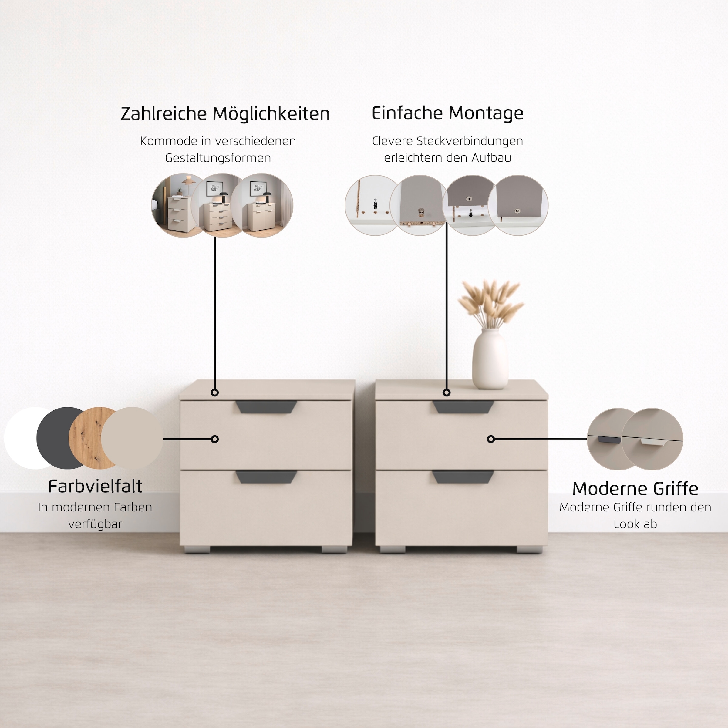 rauch Nachtkommode »Nachttisch Nachtkonsole COSTA Set mit farblich passenden Metallgriffen« in 2 Griff-Farben, Breite je 40 cm, 2 Stk. tlg. je zwei geräumige Schubladen MADE IN GERMANY