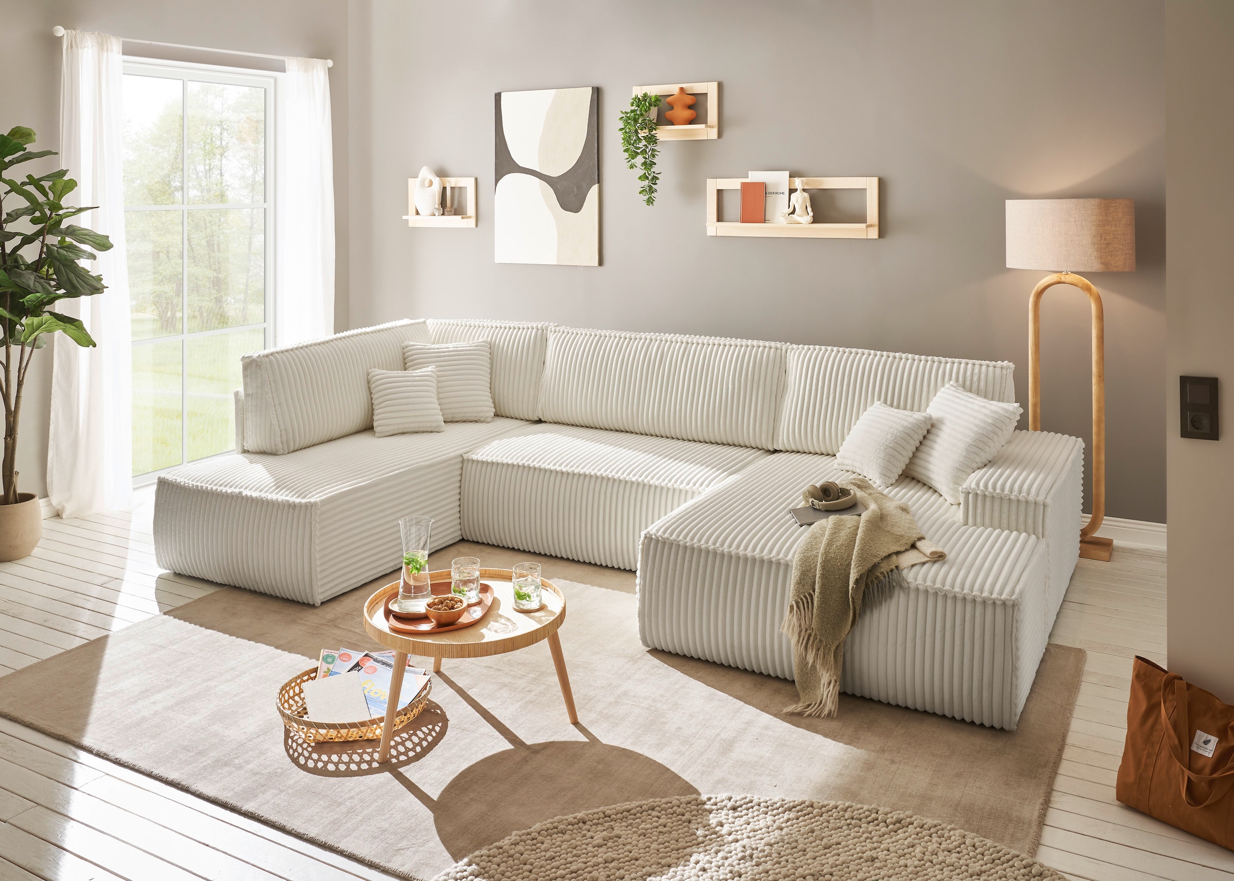 andas Wohnlandschaft »FINNLEY U-Form XXL 329 cm, Schlafsofa, Schlaffunktion m. Bettkasten«, (194/139 cm), Bouclé, Struktur und Cord
