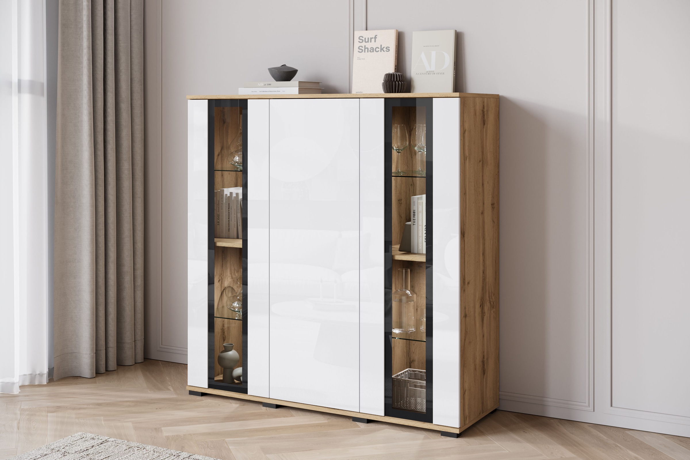INOSIGN Highboard »Caro, modernes Design mit Glaseinsätzen, Breite 120 cm«, (1 St.), grifflose Fronten mit Push-to-Open, höhenverstellbare Einlegeböden