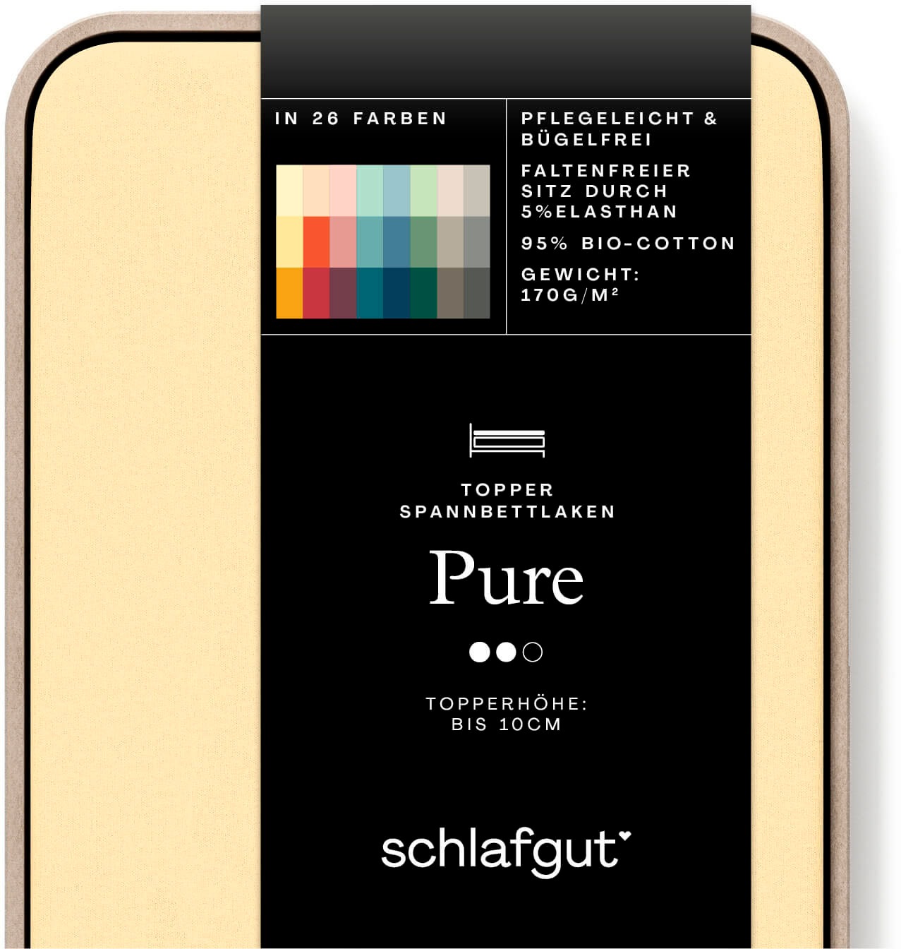 Schlafgut Spannbettlaken "PURE TOPPER Bio-Baumwolle mit Elasthan 170 g/m² für Topper bis 10 cm" PREMIUM Laken für Matratzen bis 10 cm Höhe, dehnbar, blickdicht