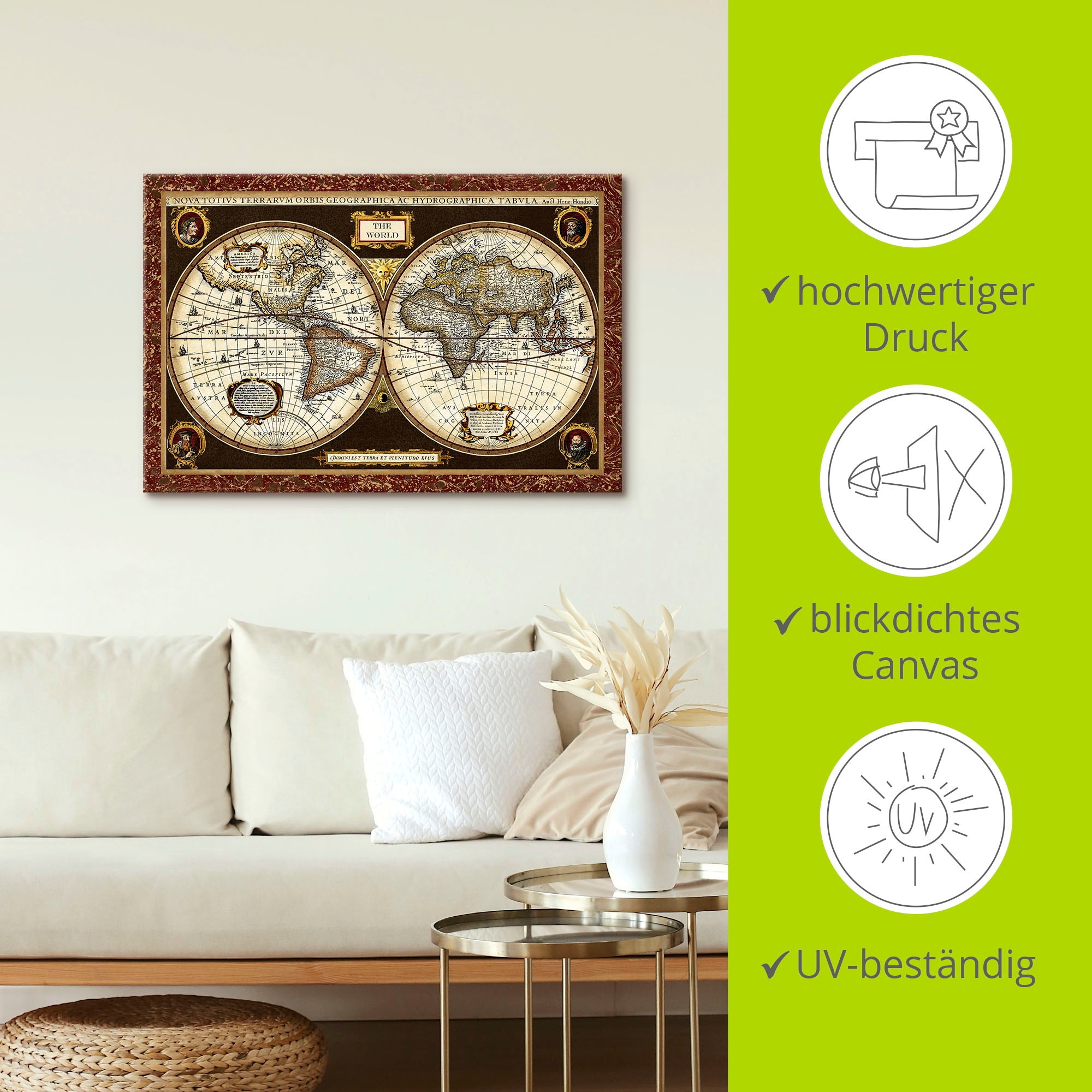 Artland Wandbild »Weltkarte«, Landkarten, (1 St.), als Alubild, Outdoorbild, Leinwandbild, Poster, Wandaufkleber