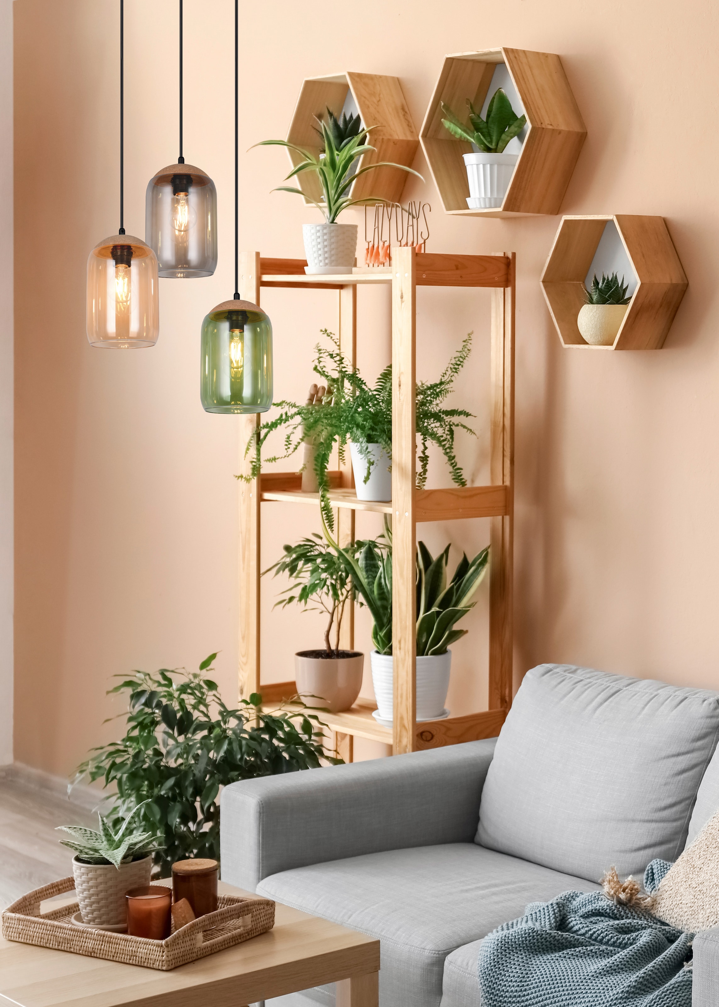 TRIO Leuchten Pendelleuchte »CORK, mehrflammige Hängelampe mit bunten Glasschirmen exkl E27 max 10W« E27 1 Stk. warmweiß - kaltweiß aus min. 50% Recycling-Material (Glas), Höhe bis 150 cm