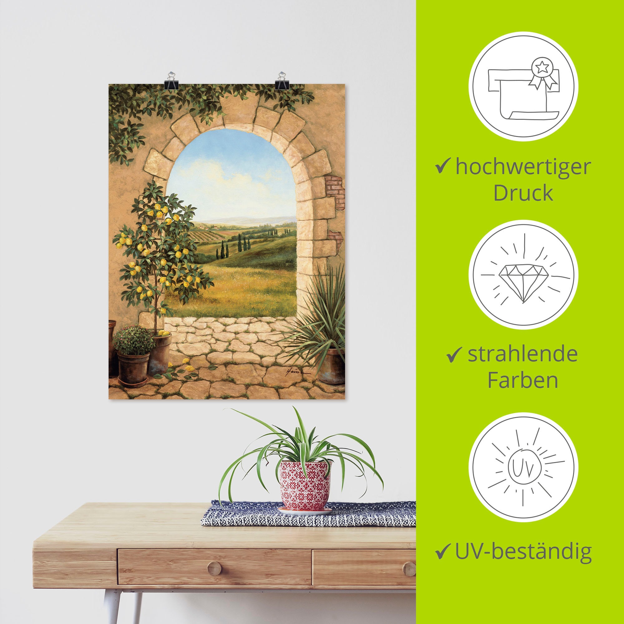 Artland Wandbild »Zitronenbaum vorm Torbogen«, Fensterblick, (1 St.), als Alubild, Outdoorbild, Leinwandbild, Poster, Wandaufkleber