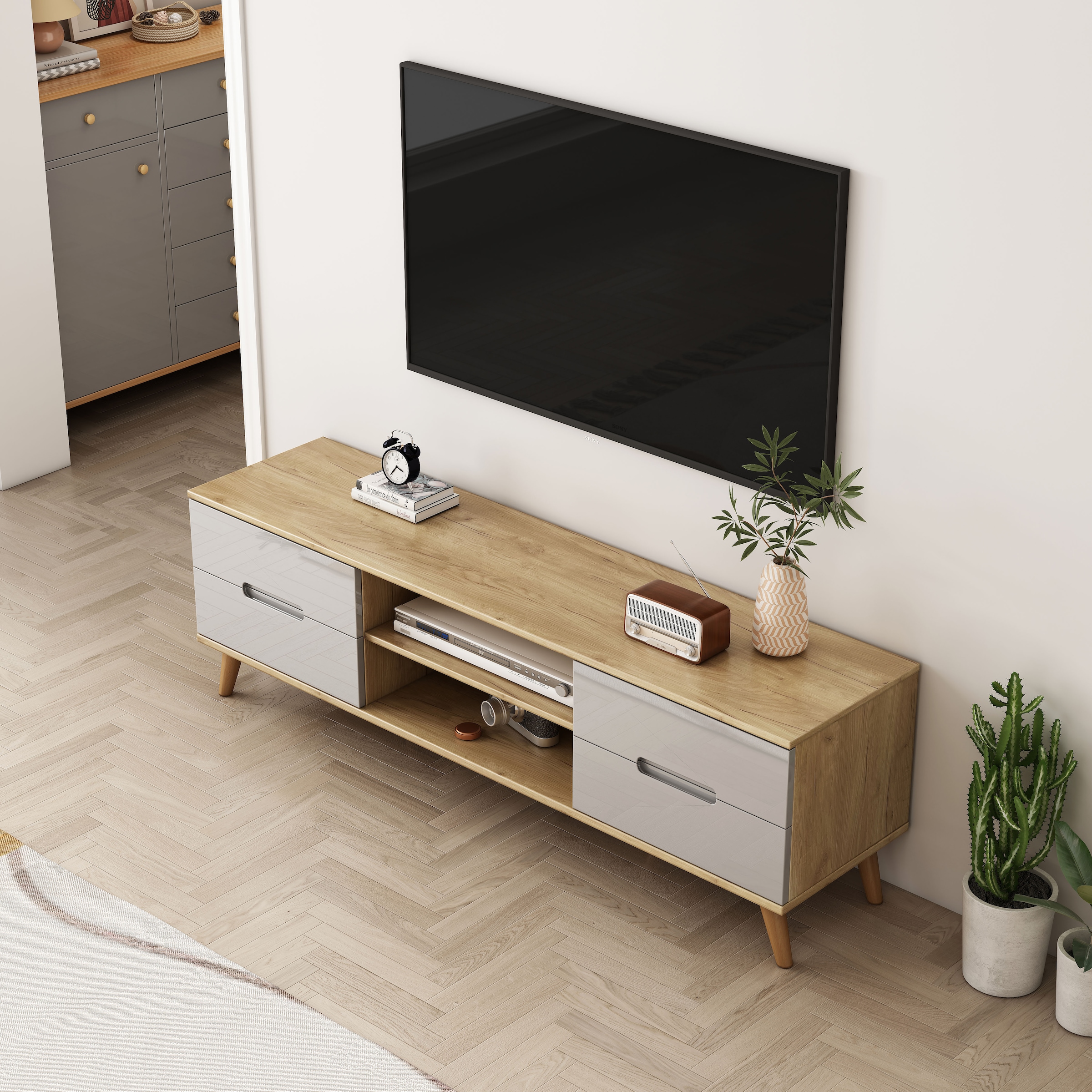 OTTO home TV-Board »Lund« glänzende Fronten, Kabeldurchführung, helles Holzdekor, Breite 160 cm