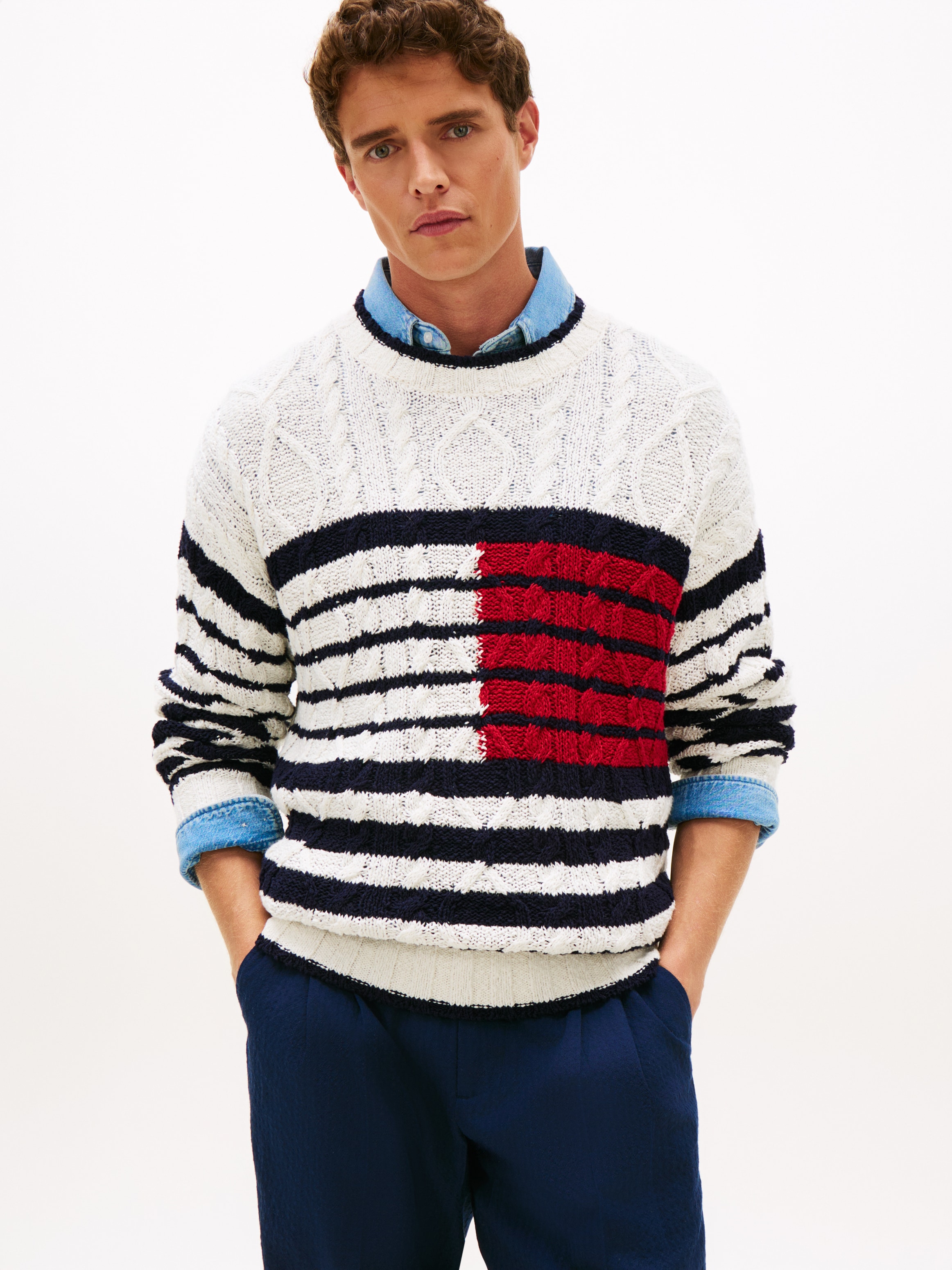 Tommy Hilfiger Strickpullover "BRETON FLAG CABLE CREW" Regular fit mit Rund günstig online kaufen
