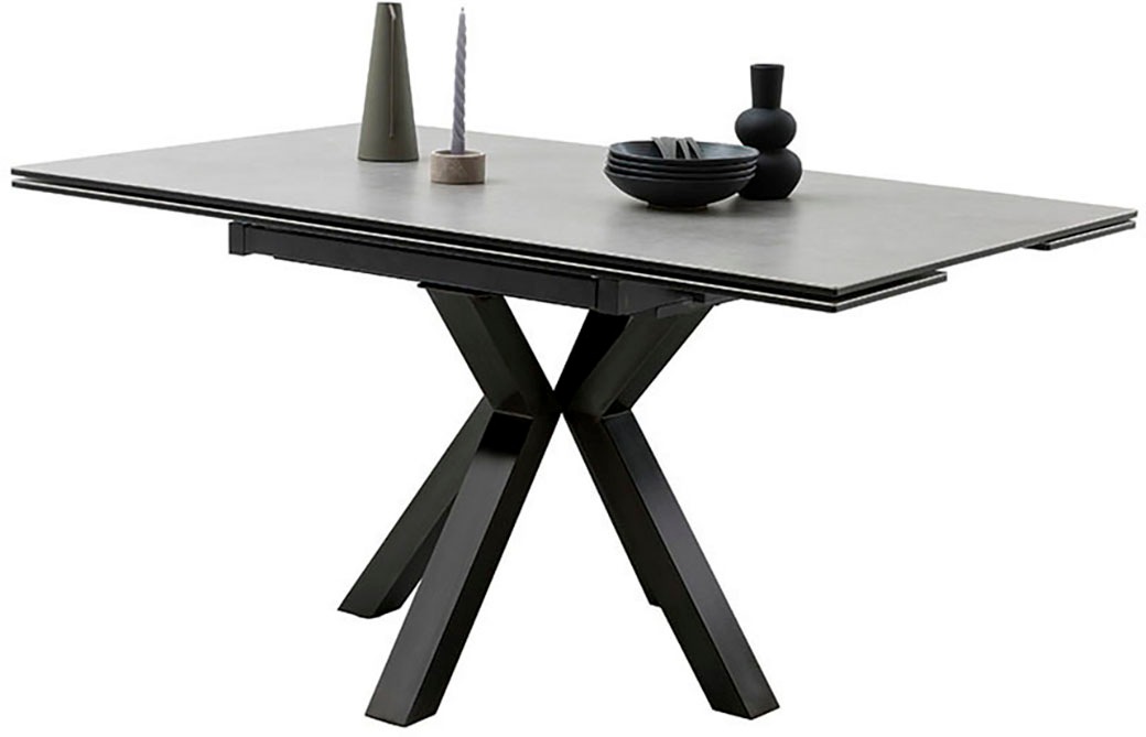 Esstisch MCA FURNITURE "PALLINI Auszugstisch 90-150 cm", grau (hellgrau, schwarz matt lackiert, hellgrau), B:150cm H:76cm T:90cm, Keramik / Sicherheitsglas schwarz lackiert / 13 mm, Metall;Gestell: Metall, schwarz matt lackiert, Tische, Esstisch, Keramik, 3
