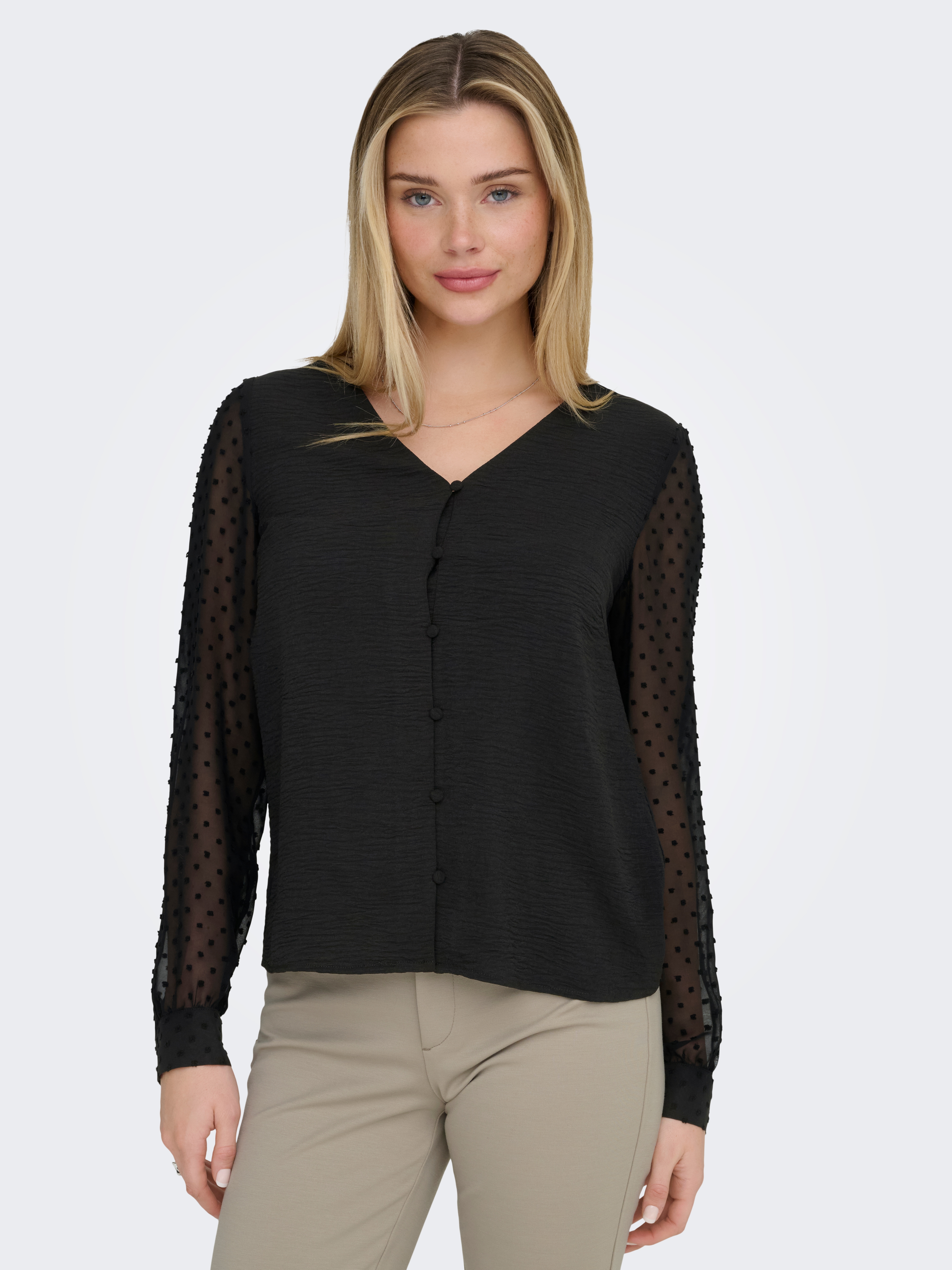 ONLY Langarmbluse "ONLRHODES METTE L/S DOBBY VNECK TOP WVN" Strukturiertes Material, V-Ausschnitt