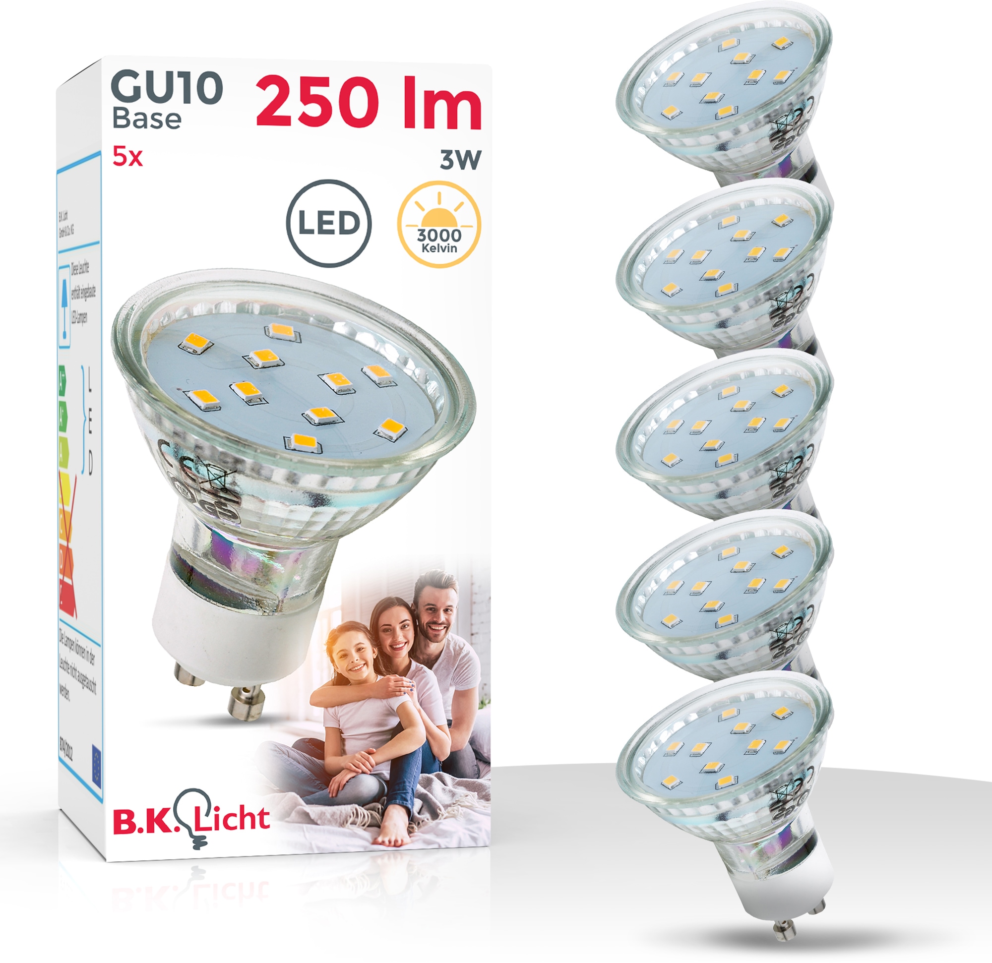 B.K.Licht LED-Leuchtmittel, GU10, 5 St., Warmweiß, LED Lampe Birne 3W 3.000K 250 Lumen Energiesparlampe