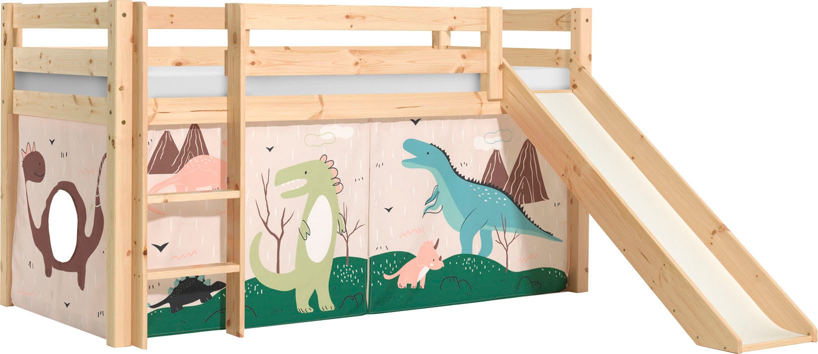 Vipack Spielbett »Vipack Pino«, (Made in Europe), Hochbett mit Textil-Set, inkl. Rolllattenrost, Leiter und Rutsche