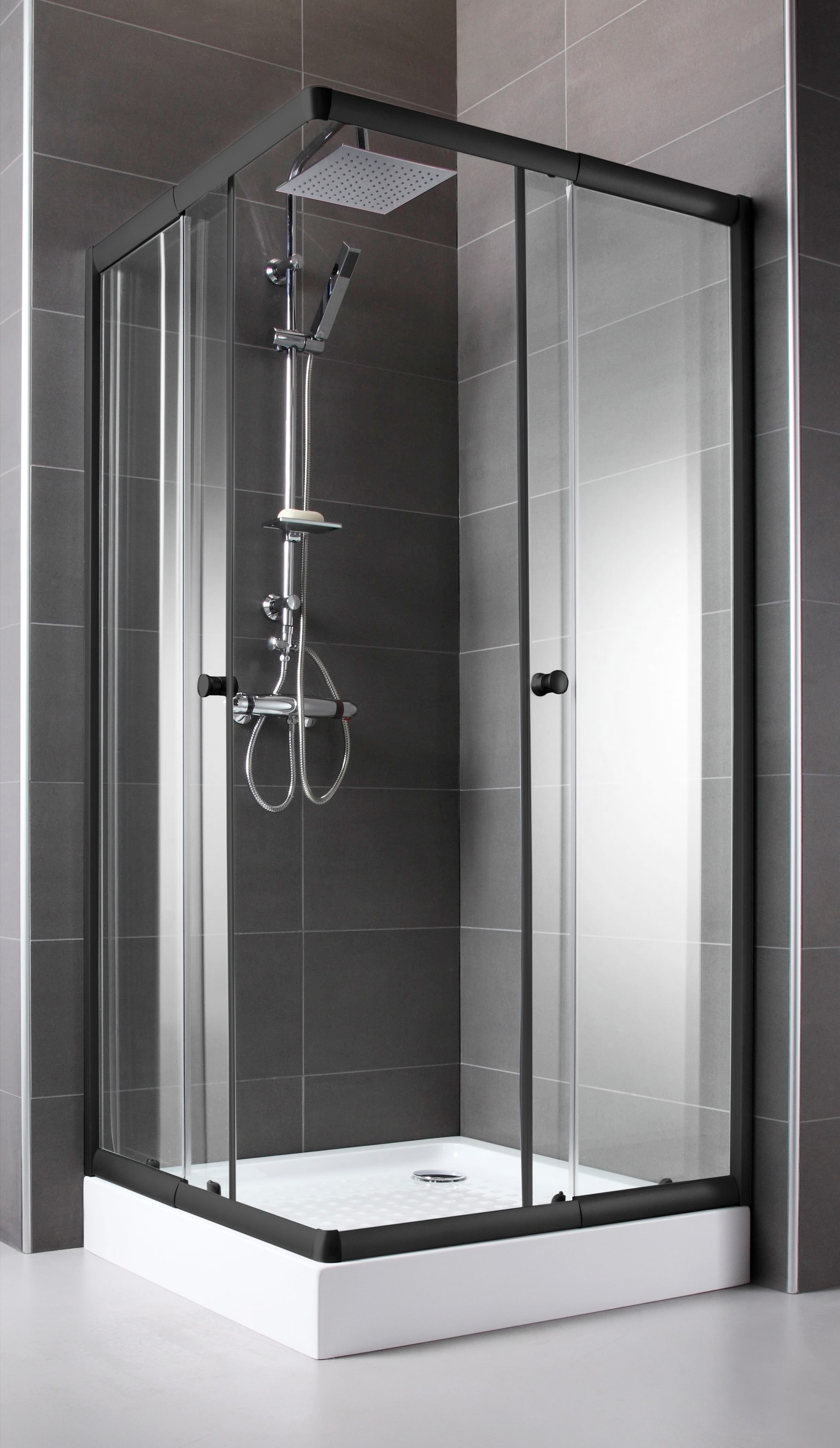 Eckdusche WELLTIME, B:90cm H:180cm T:90cm, grau, Duschkabinen, "Trento Nero", mit variablem Verstellbereich, Duschabtrennung mit Schiebetüren