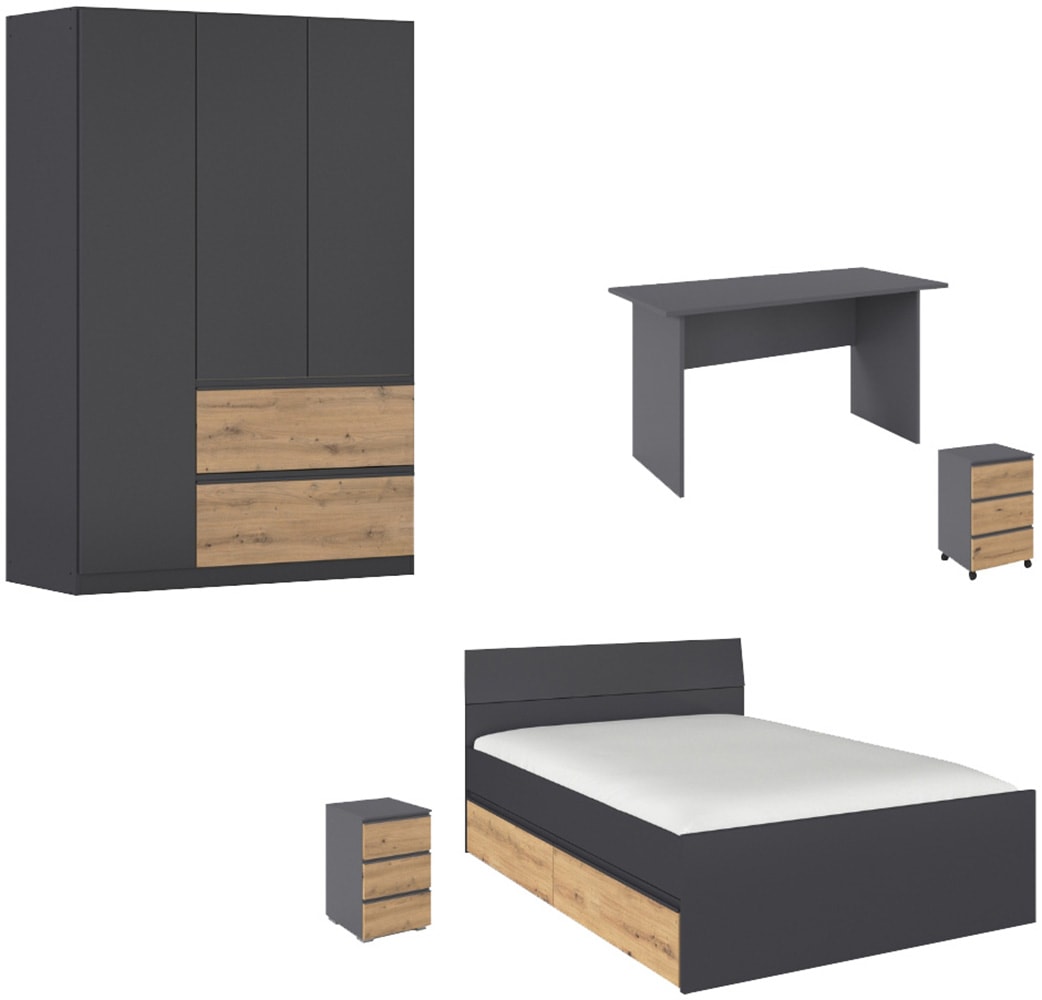 rauch "Komplettzimmer Schlafzimmer-Set (5-St.) Jugendzimmer-Set JOEL" Set, Bett 90x200 oder 140x200 cm, Ausstattungspakete BASIC/CLASSIC/PREMIUM, 5 Stk. tlg. Bett 2 Breiten,Nachttisch,Tisch,Rollcontainer,Schrank MADE IN GERMANY