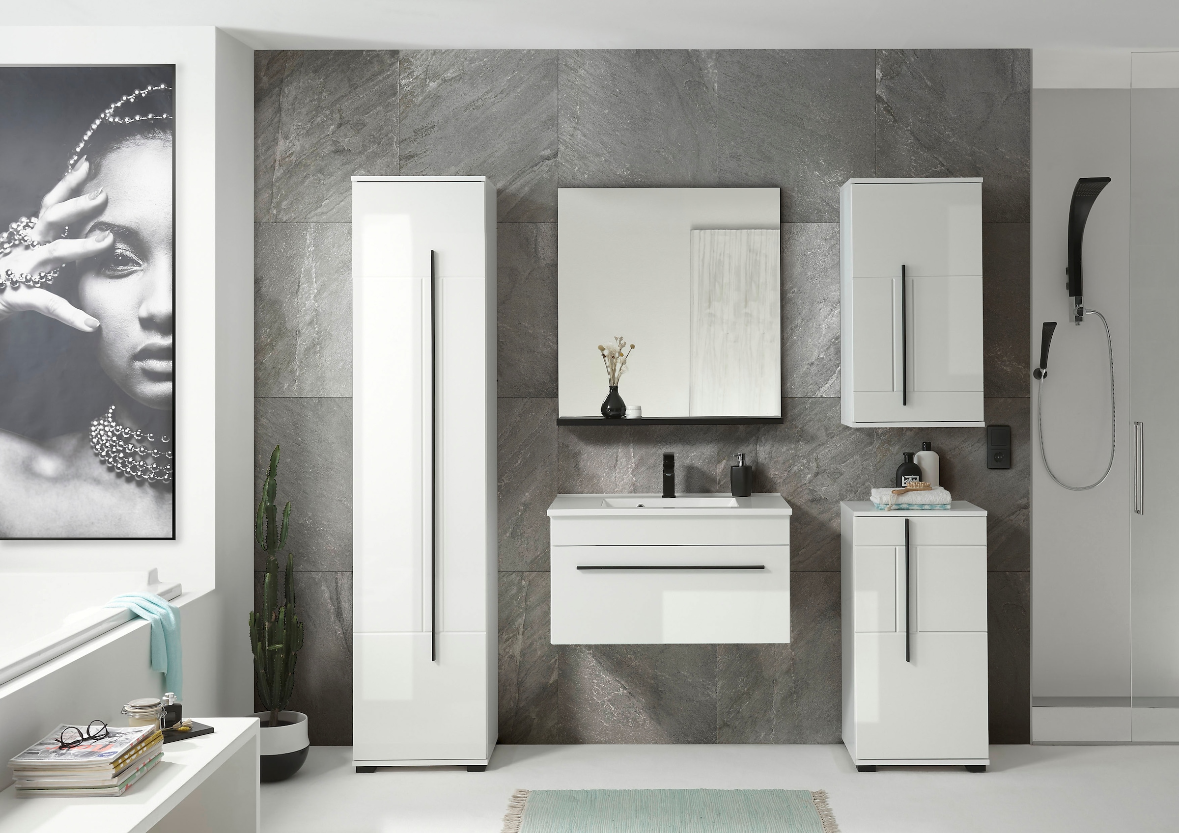 INOSIGN Hängeschrank »Cantara, Badschrank in Hochglanz Weiß, Hängeschrank im modernen Design«, mit schwarzen Griffen, ausreichend Stauraum