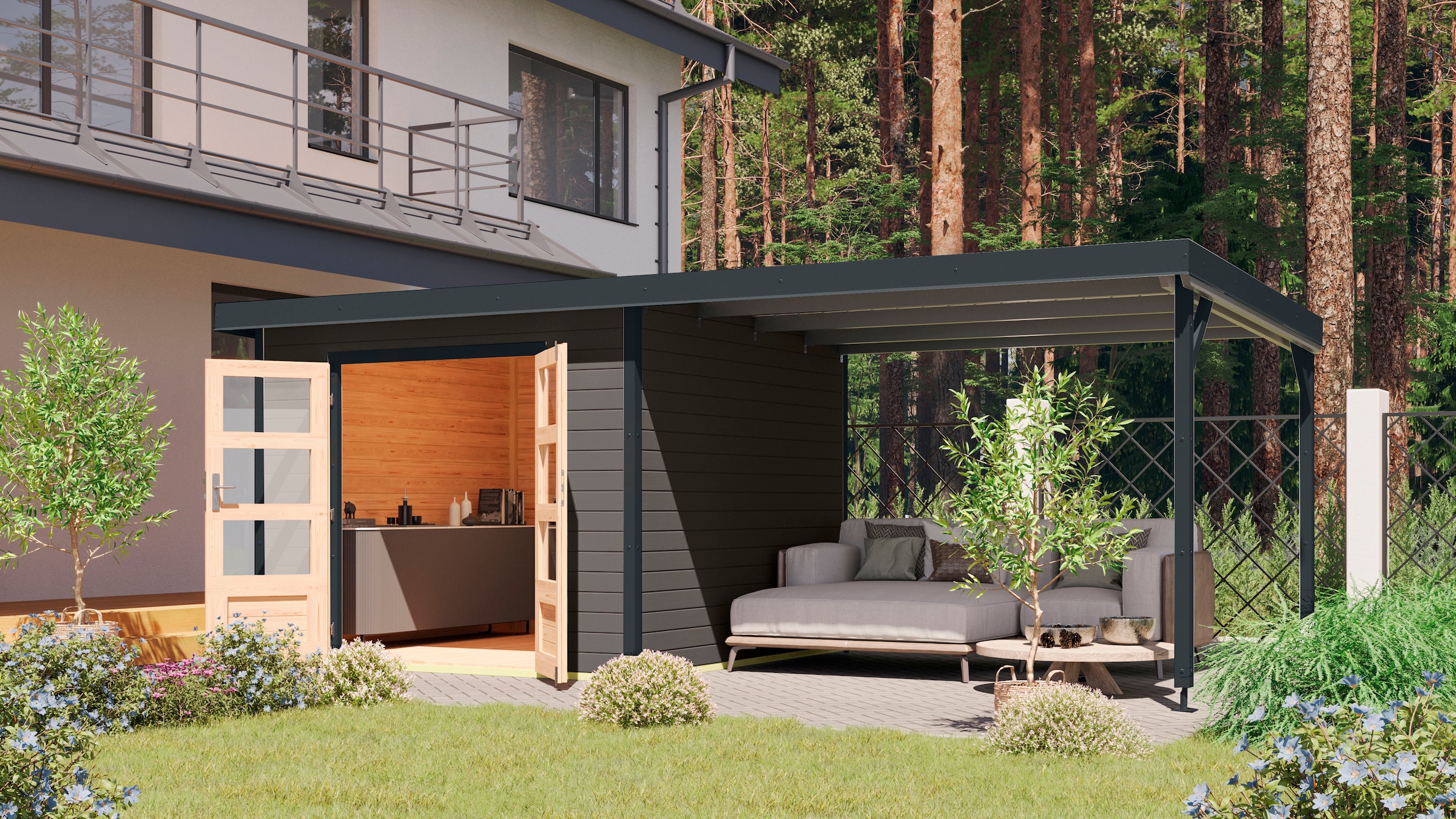 Karibu Gartenhaus ""Plutino B" SET, Anbaudach 3 m Breite" aus nordischer Fi günstig online kaufen