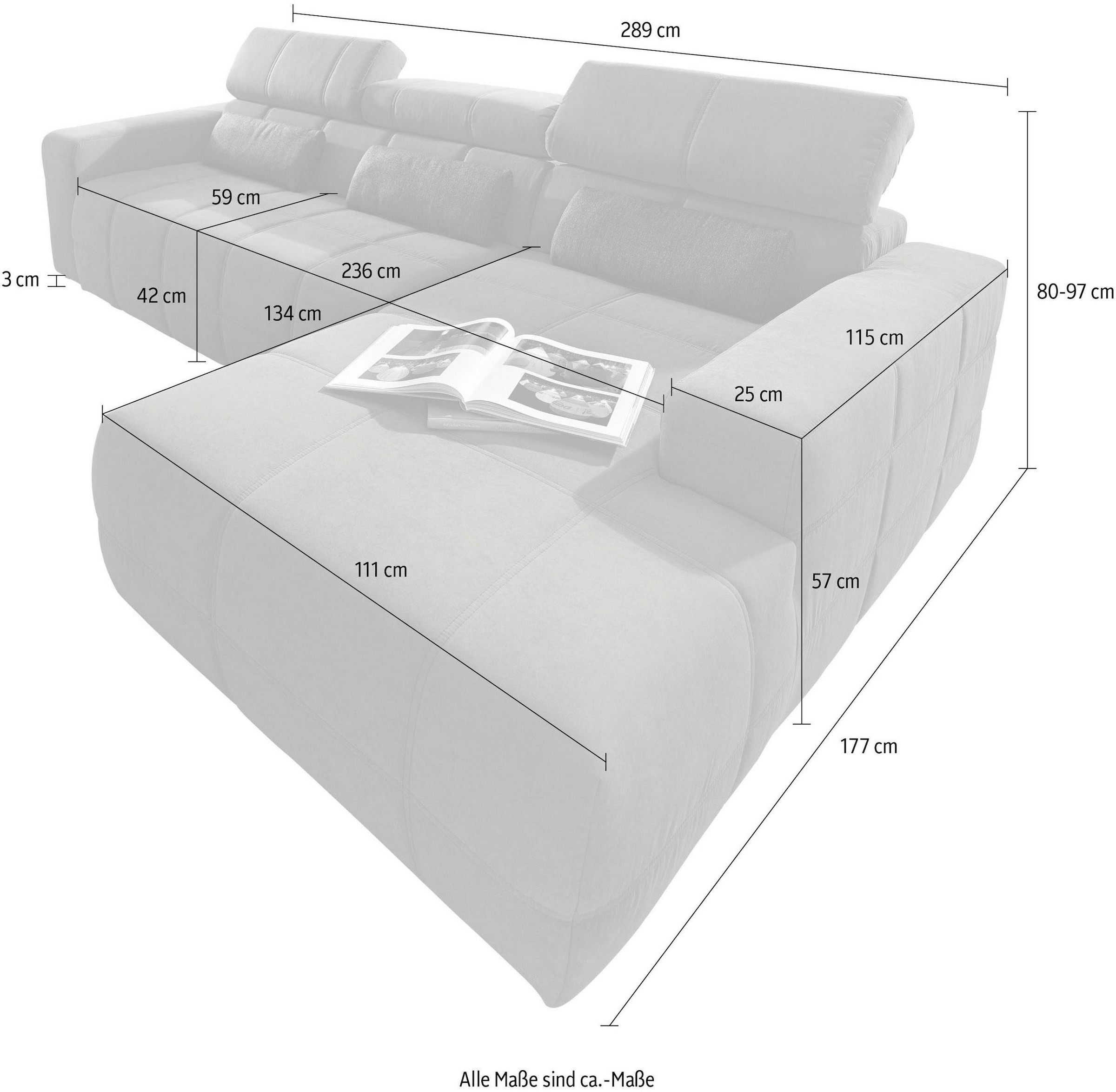 DOMO collection Ecksofa »Brandon große Ausführung B/T/H: 289/177/80 cm, auch in Leder und Cord«, mit Kopfteilverstellung, wahlweise Sitztiefenverstellung, L-Form