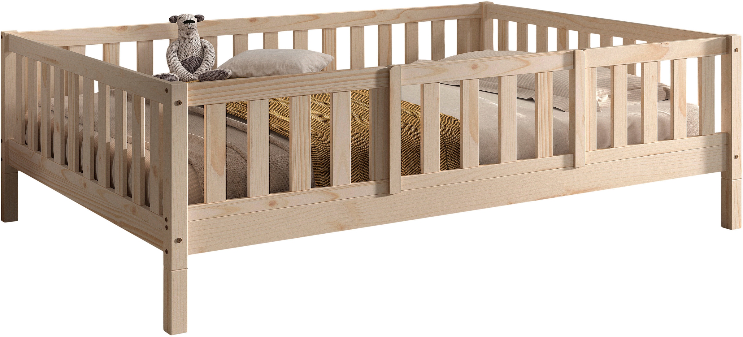 Vipack Kinderbett »Dallas, massiv Bett, Rausfallschutz, umbaubar vom Boden- zum Daybett« inkl. Rolllattenrost und Sprossenumrandung, 90 oder 140x200 cm breit,  stabil und standfest gebaut, wahlweise Kiefer massiv natur oder weiß
