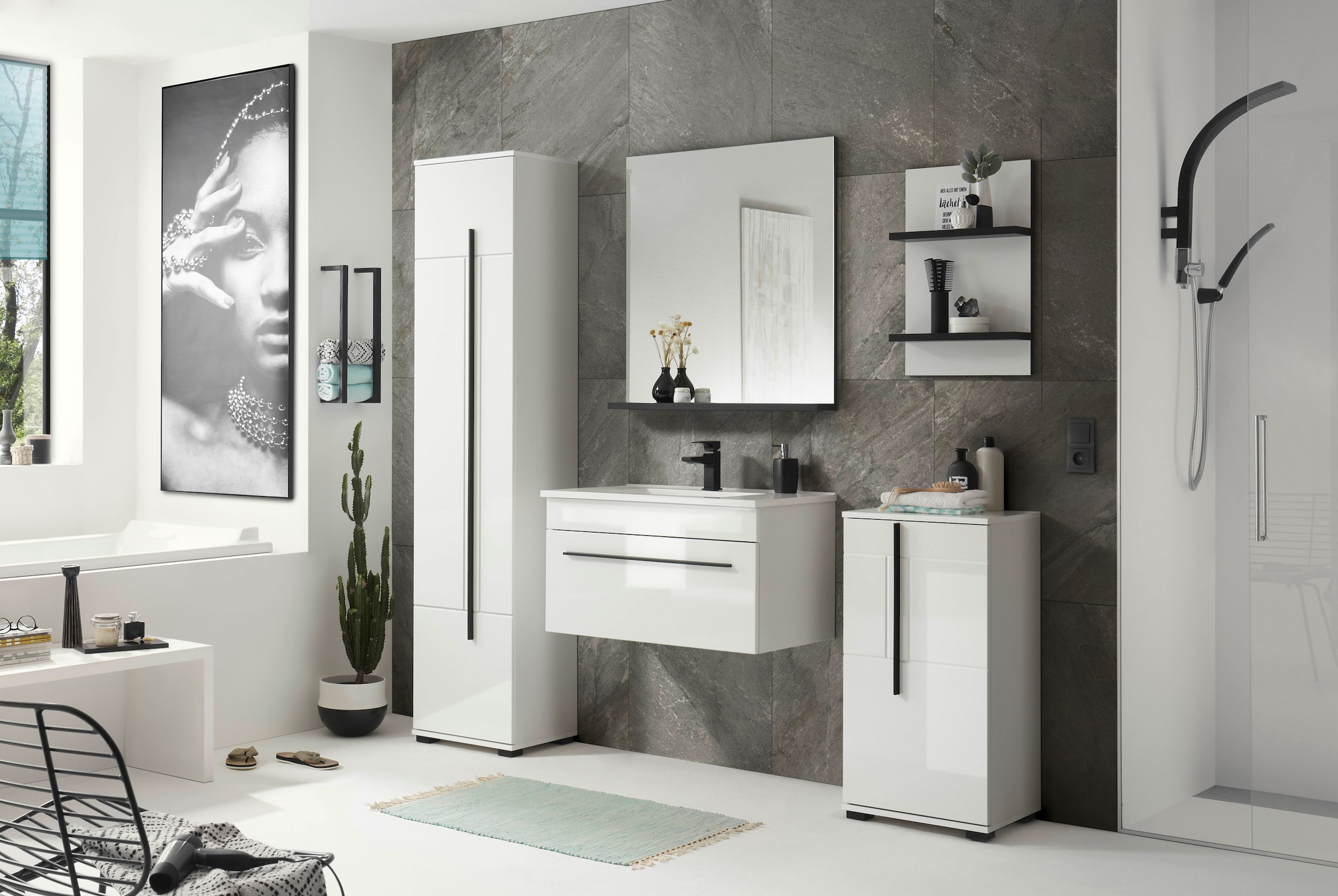 INOSIGN Unterschrank »Cantara, Badschrank in Hochglanz Weiß, Schrank im modernen Design«, mit schwarzen Griffen, ausreichend Stauraum