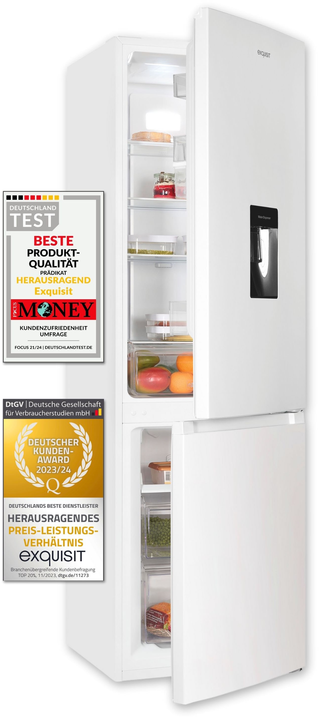 exquisit "KGC265-70-NF-WS-040C" 180,5 cm hoch 54 cm breit EEK C, 251 L Nutzinhalt, NoFrost, Wasserspender