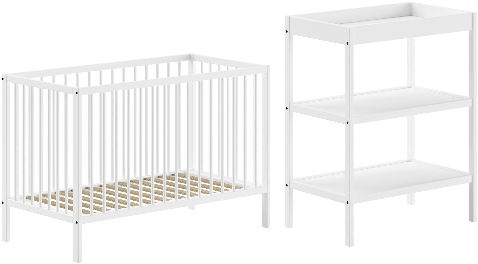 Babymöbel-Set VIPACK "Dino ist das ideale Start Set für Ihr Kind aus massiver Buche", weiß, ohne Matratze, B/H: 60cm x 120cm, Schlafzimmermöbel-Sets, Babybett u. Wickelregal inkl., wahlweise in 3 Farben erhältlich