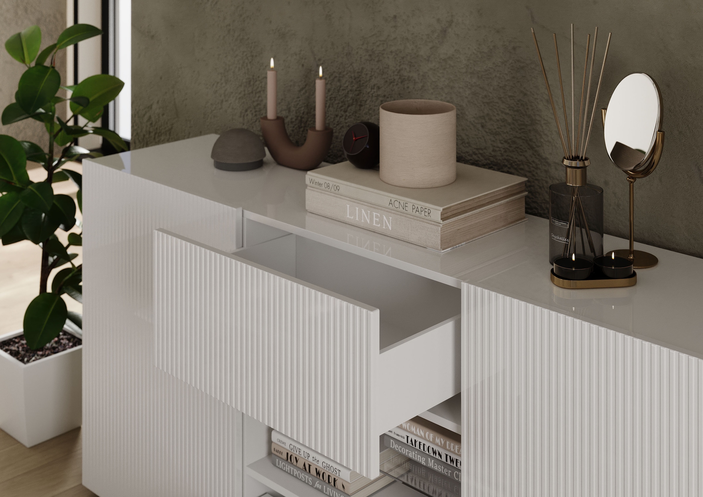 INOSIGN Sideboard »Rio Breite 181 cm, Kommode mit 2 Türen u. 2 Schubkästen,«, Anrichte, geriffelte Front, modern u. elegant, viel Stauraum
