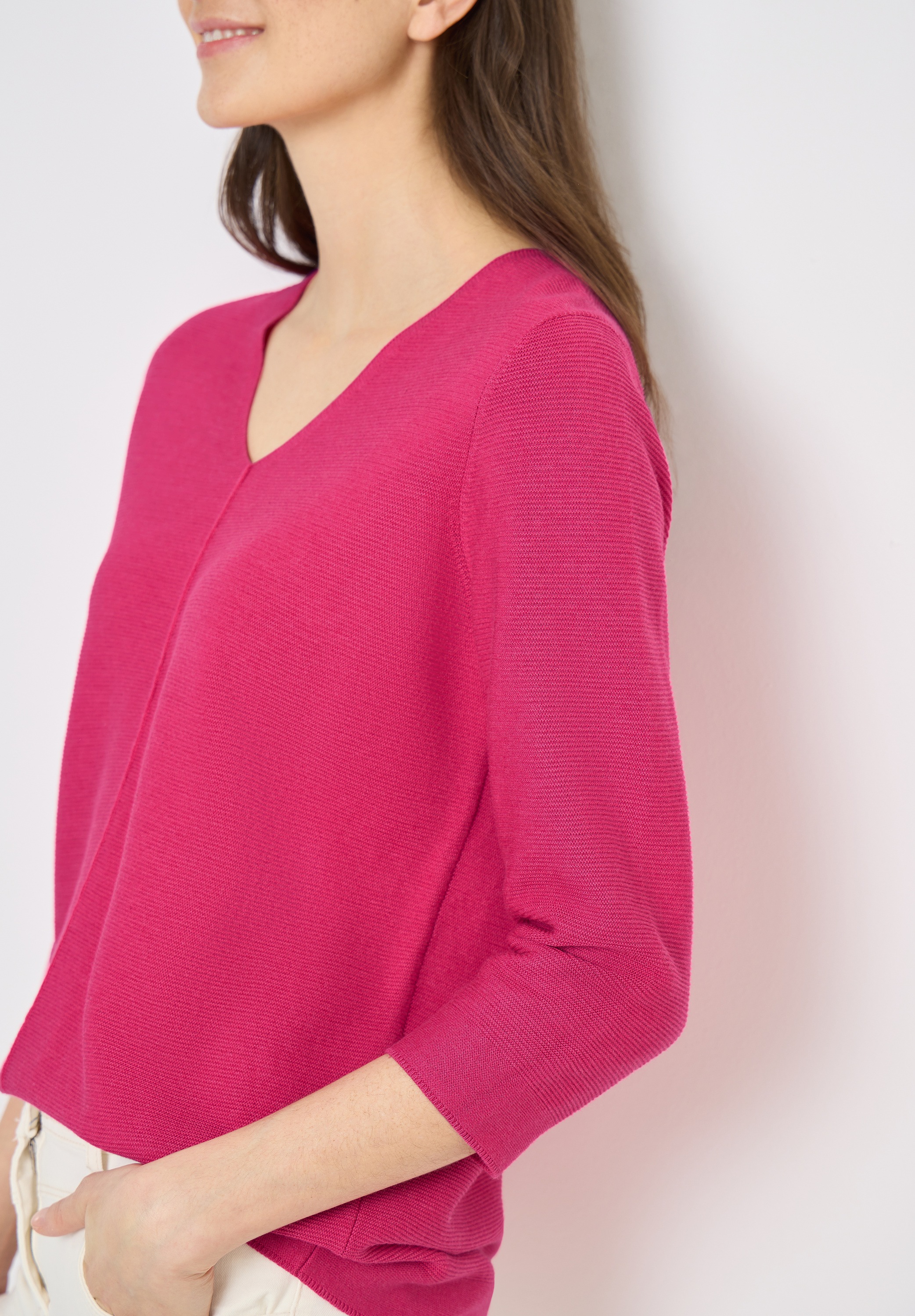3/4 Arm-Pullover CECIL, Damen, Gr. XL (44), beetroot pink, Web, 60% Baumwolle, 40% Viskose, unifarben, comfort fit normal, V-Ausschnitt, Rippbündchen, Pullover, im soften Baumwoll-Mix 3