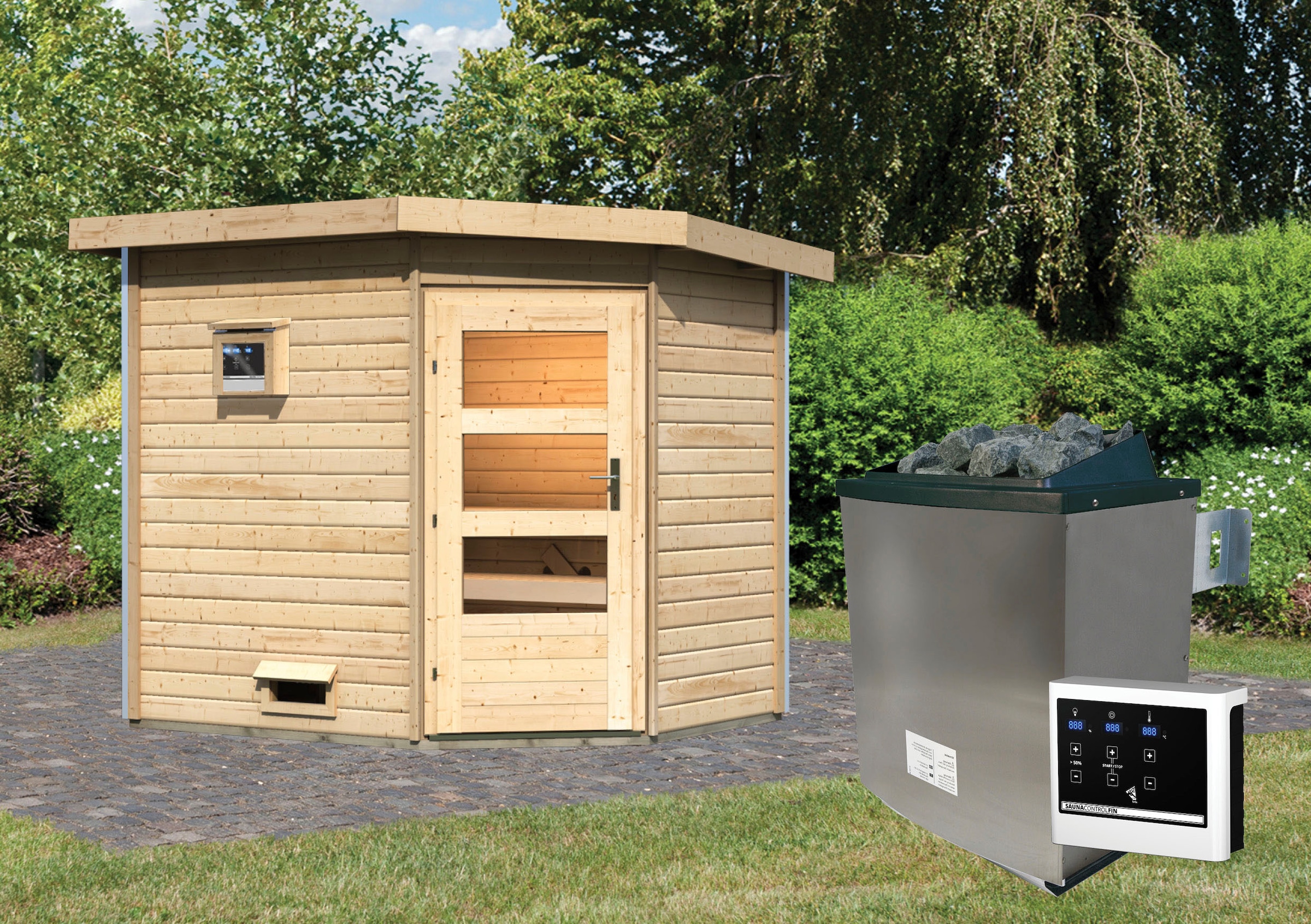 Karibu Saunahaus »Tore«, moderne Tür, Ofen 9 KW externe Strg easy