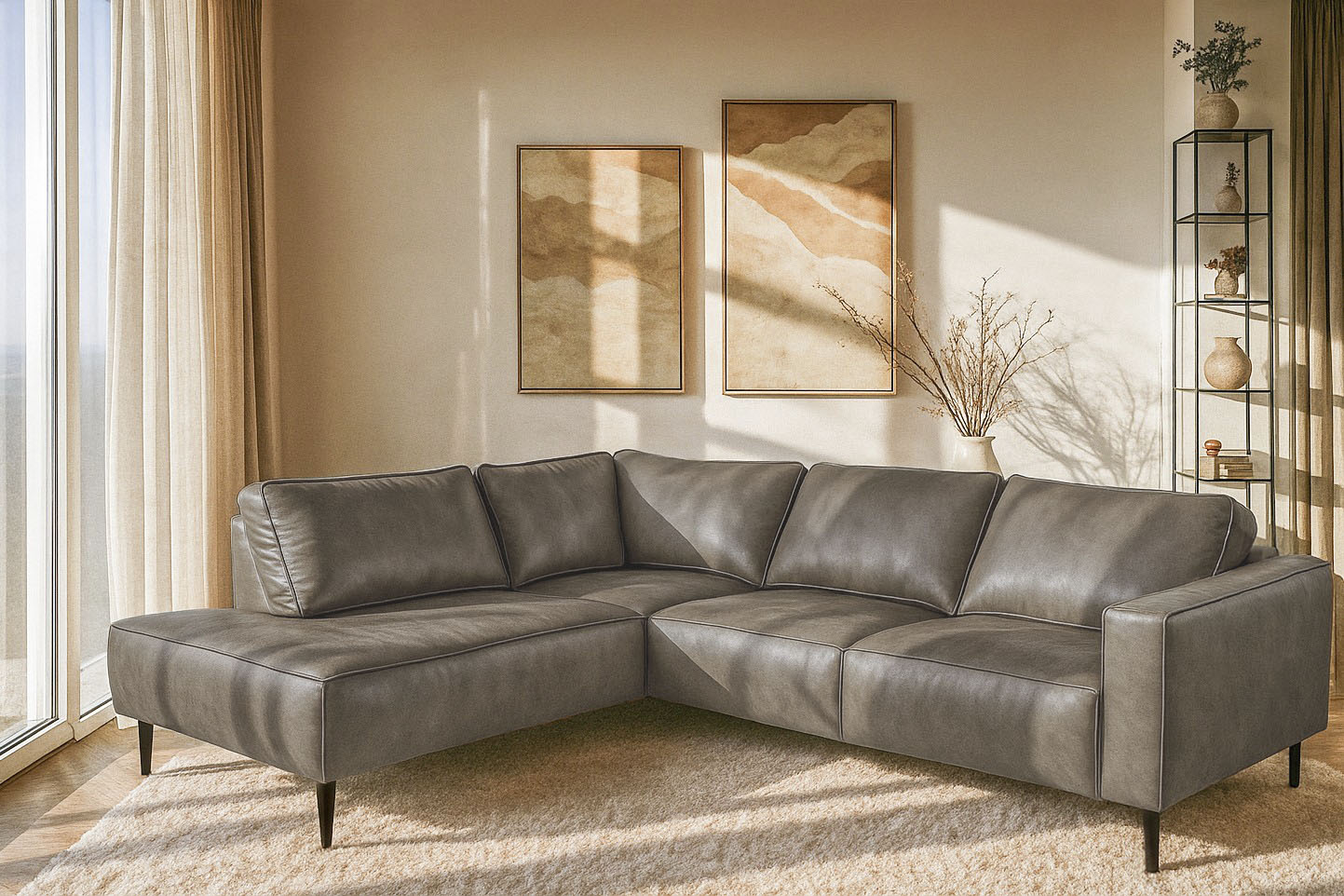 OTTO home Ecksofa "Fumone, Lederoptik oder Soft-Touch Chenille" Breite 260, mit schwarzen Massivholzfüßen