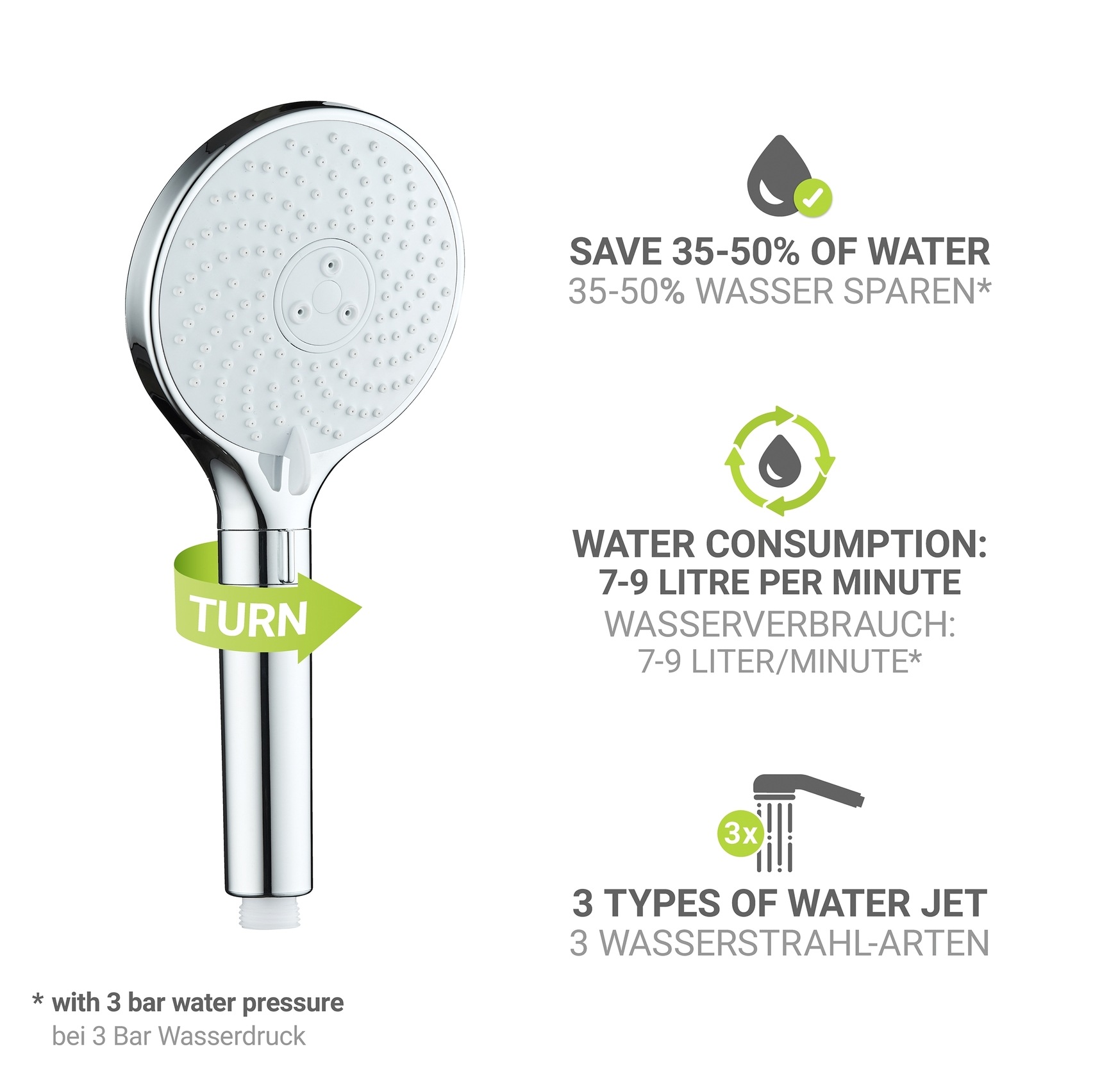 WENKO Handbrause »Water Saving« wassersparender Duschkopf, 3 Strahlarten, Ø 12 cm