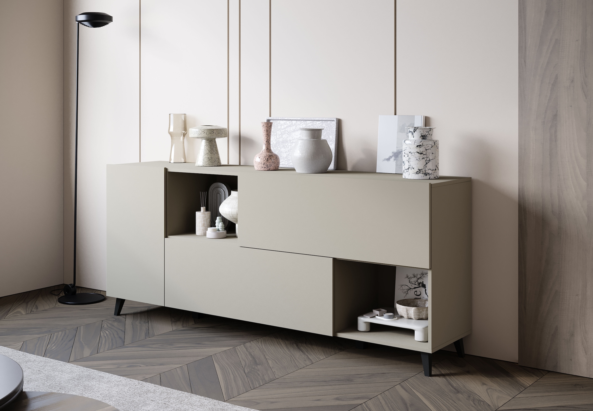Home affaire Sideboard »Phuket, Kommode mit 1 Tür, 2 Klappen und offenen Fächern« 1 Stk. tlg. 180 cm breit, modernes Design mit viel Stauraum