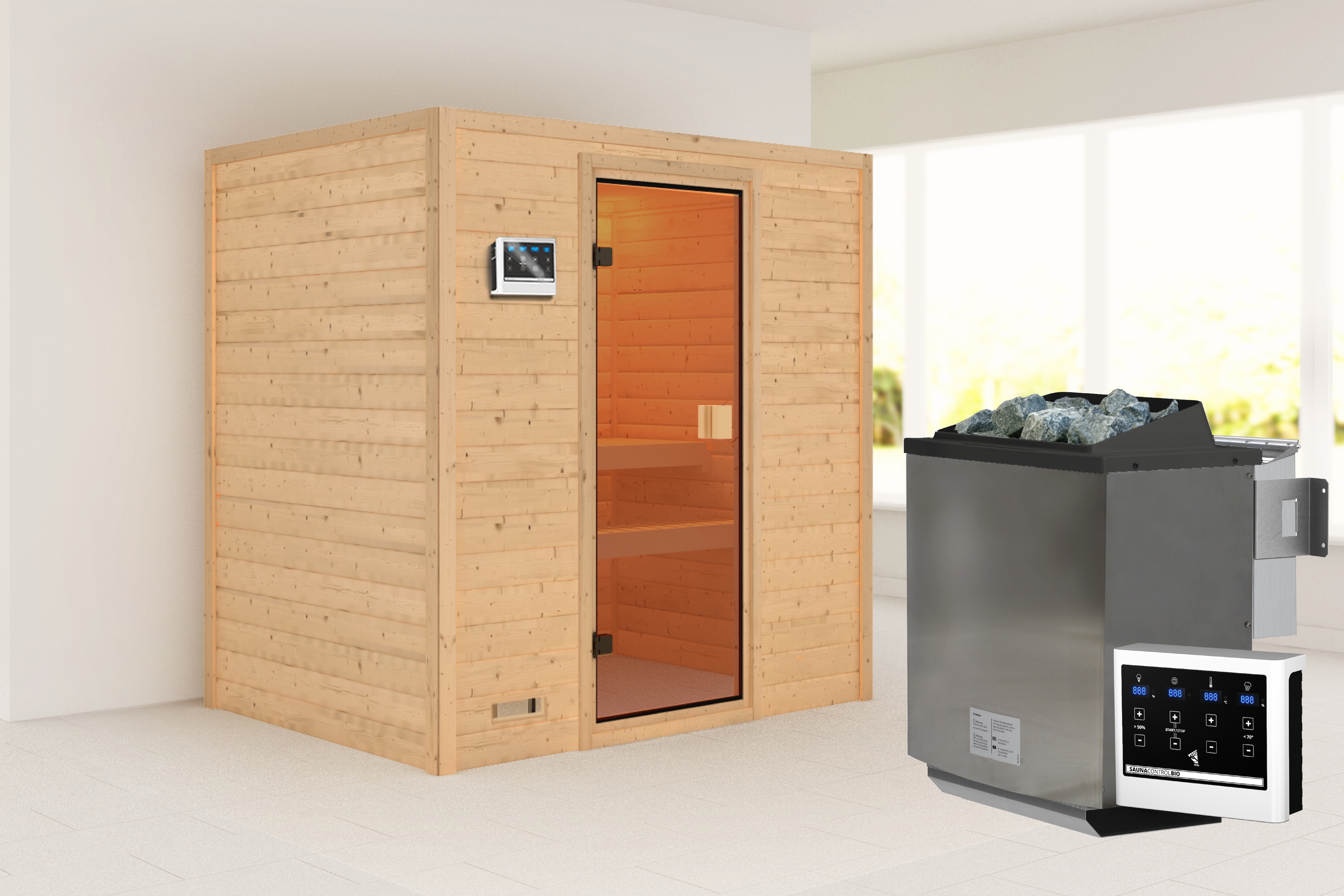 Karibu Sauna ""Sunie" mit bronzierter Tür SET, naturbelassen, mit Ofen 9 kW" aus hochwertiger nordischer Fichte