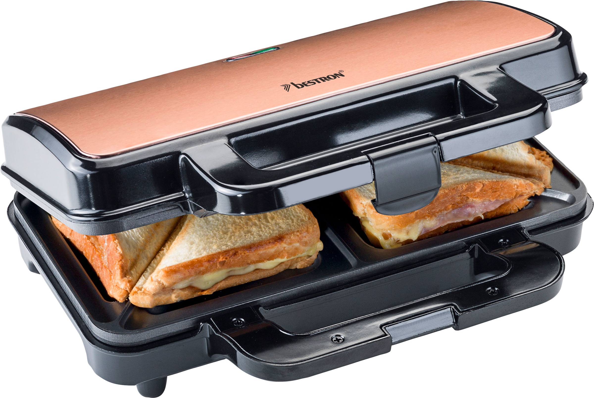 bestron Sandwichmaker "ASM90XLCO XL Sandwich-Toaster", 900 W, antihaftbeschichtet, für 2 Sandwiches, Schwarz/Kupfer