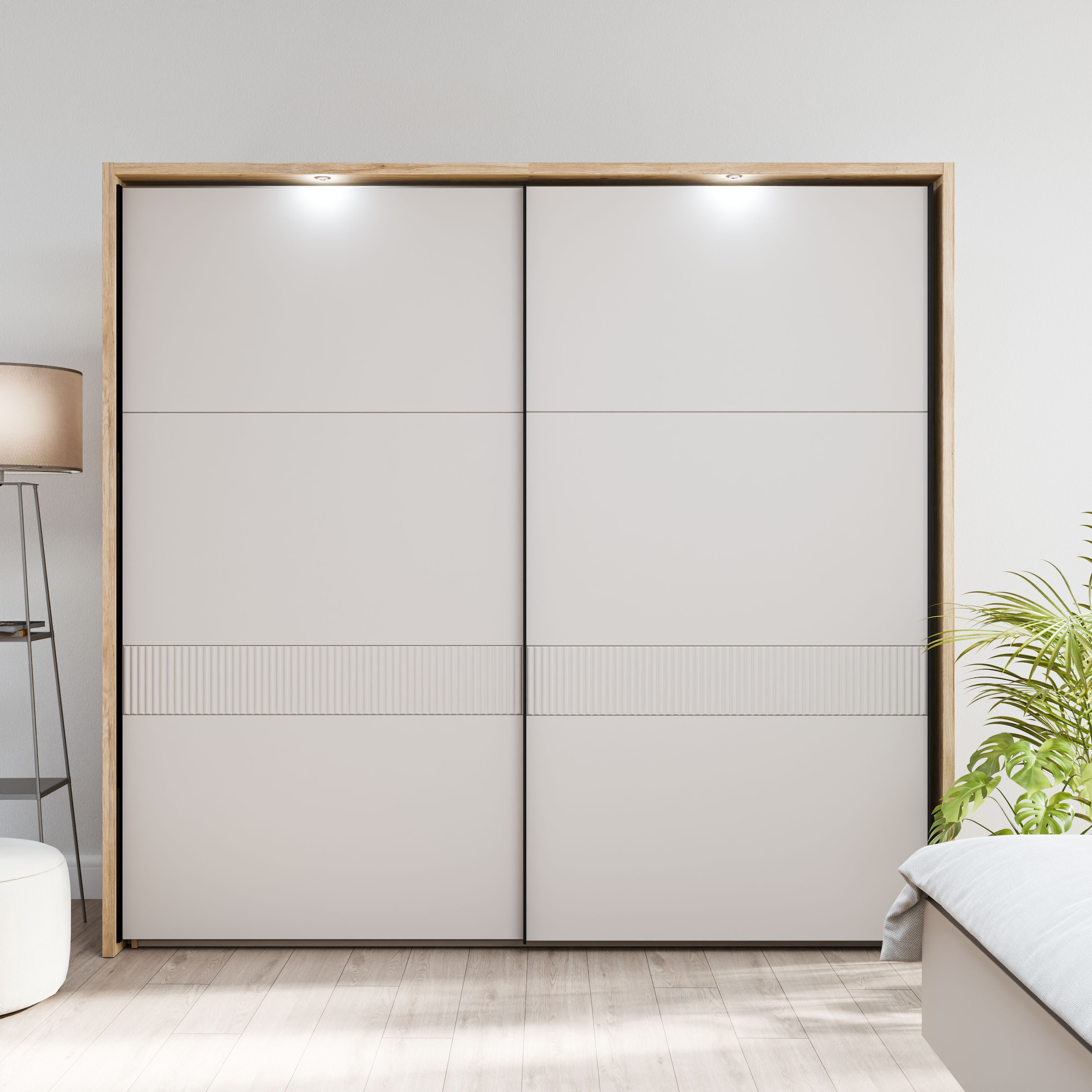 FORTE Schwebetürenschrank »Forte Seravel Schwebetürenschrank, Lamellenoptik, inkl. Beleuchtung« B/H/T 231,1/215,9/63,8 cm, Zubehör optional bestellbar