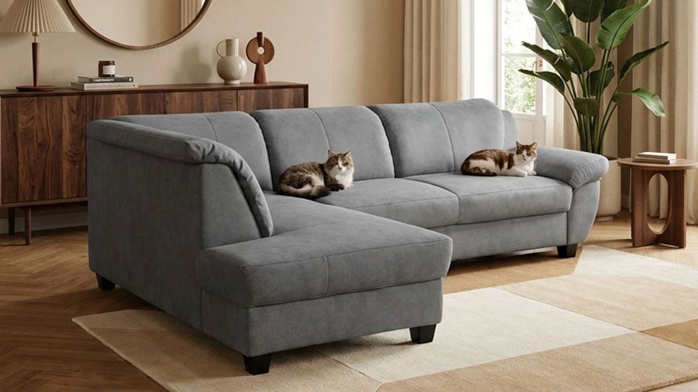 OTTO home Ecksofa "Sillkeborg 254 x 186 cm, formschönes Sofa mit dunklen Füßen" mit Schlaffunktion, L-Form, aus Pet Friendly Bezug