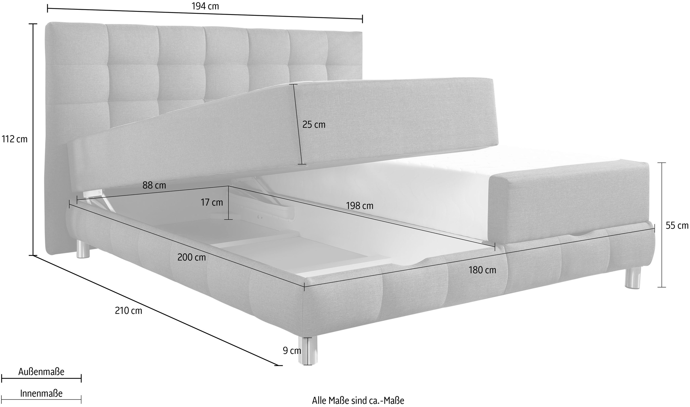 INOSIGN Boxbett Vaasa, mit Bettkasten & Topper, in 4 Breiten, Überlänge 220 cm
