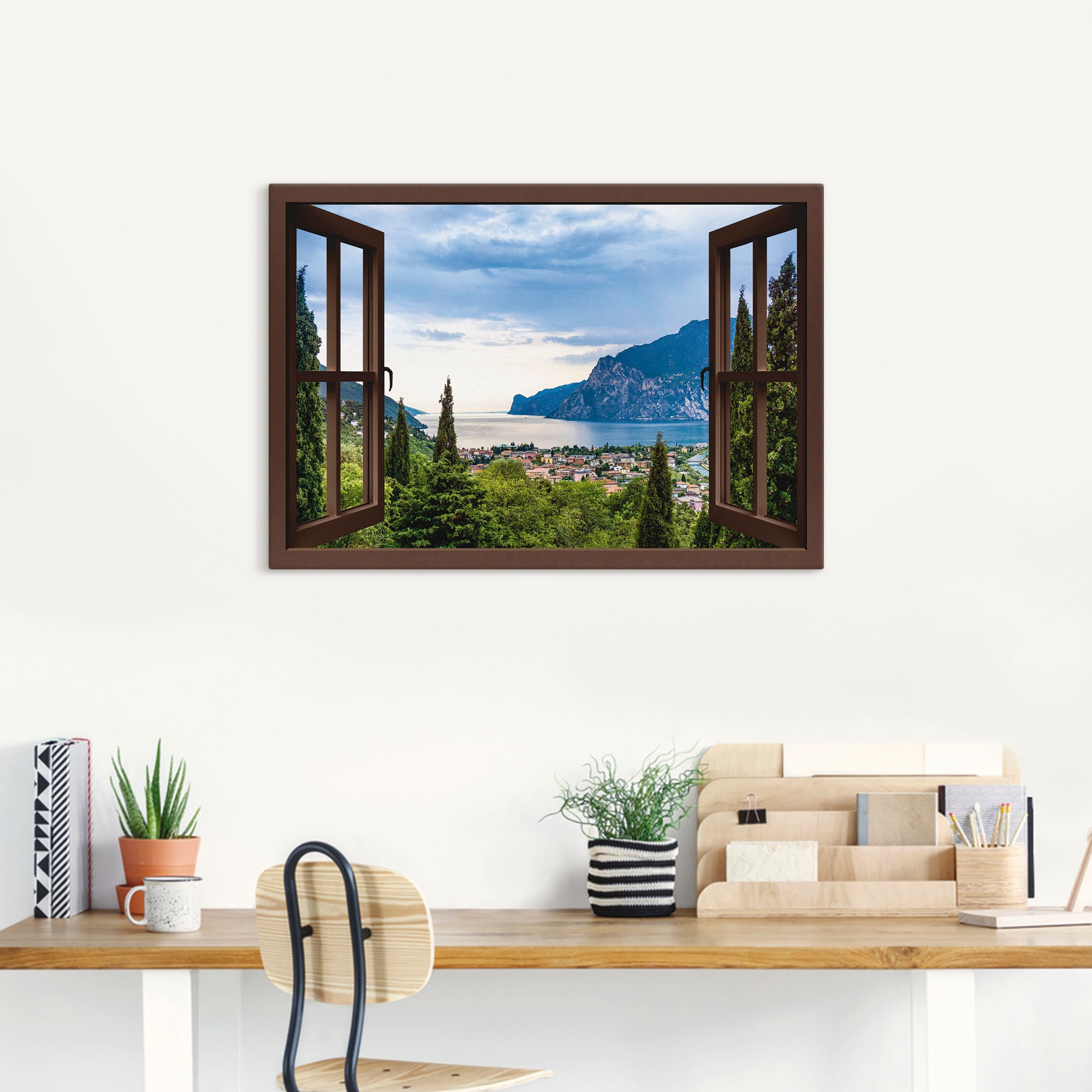 als Wandaufkleber Alubild, oder Größen Seebilder, St.), Fenster«, durchs (1 »Gardasee Artland versch. | braune Leinwandbild, BAUR in Poster kaufen Wandbild